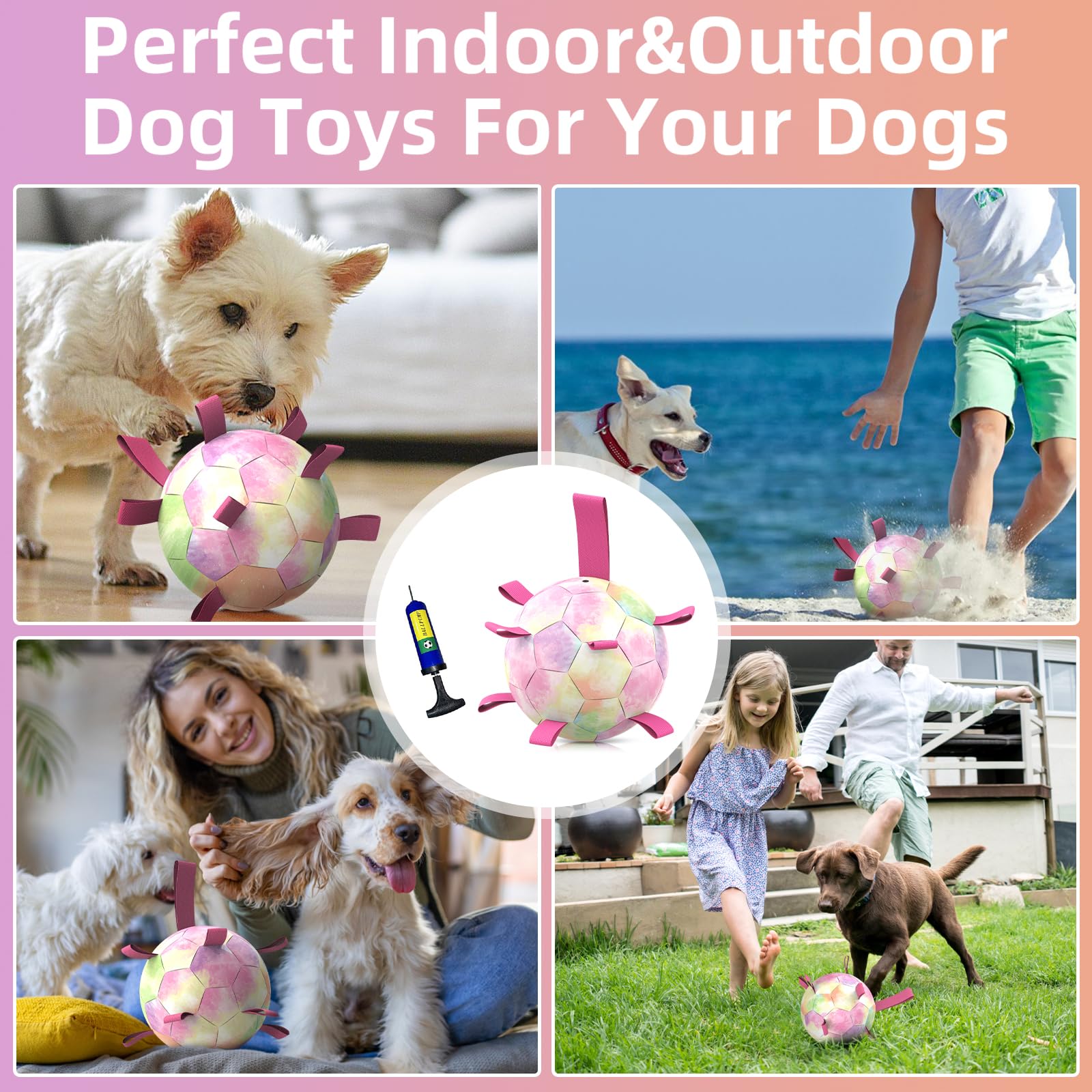 Qdan Dog Toys Soccer Ball With Straps,Gradient Interactive Dogs Toys For Tug Of War, Puppy Birthday Gifts,Water Toy Durable Dog