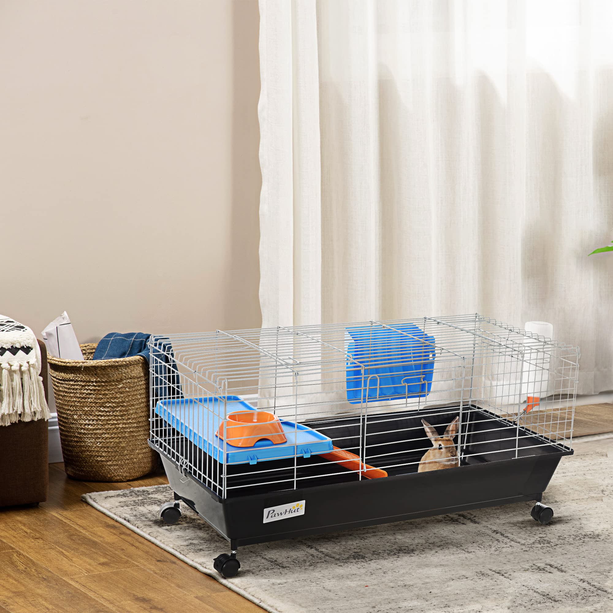 PawHut 35 L Small Animal Cage, Rolling Bunny Cage, Guinea Pig Cage with Food Dish, Water Bottle, Hay Feeder, Platform, Ramp for