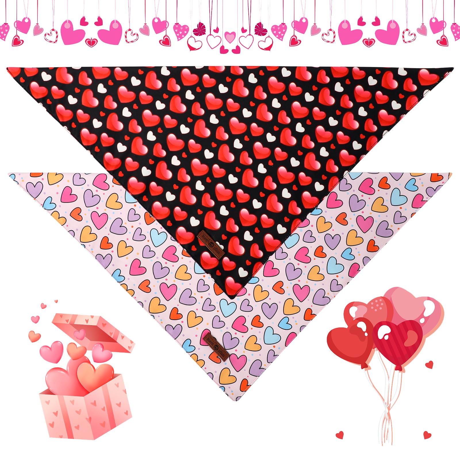 Lionet Paws Valentine'S 2Pcs Dog Bandanas, Black Heart & Colorful Heart Dog Scarf Bib Premium Fabric, Happy Valentine Love Banda