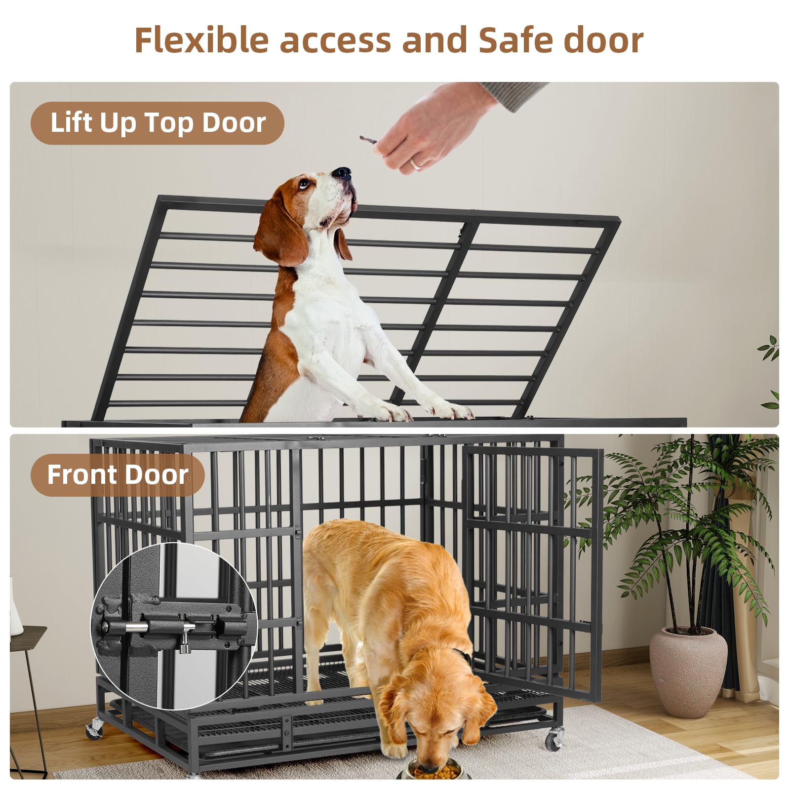 Vowner 48    Heavy Duty Indestructible Dog Crate, High Anxiety Dog Crate, Escape Proof Dog Cage Kennel With 4 Lockable Wheels, D