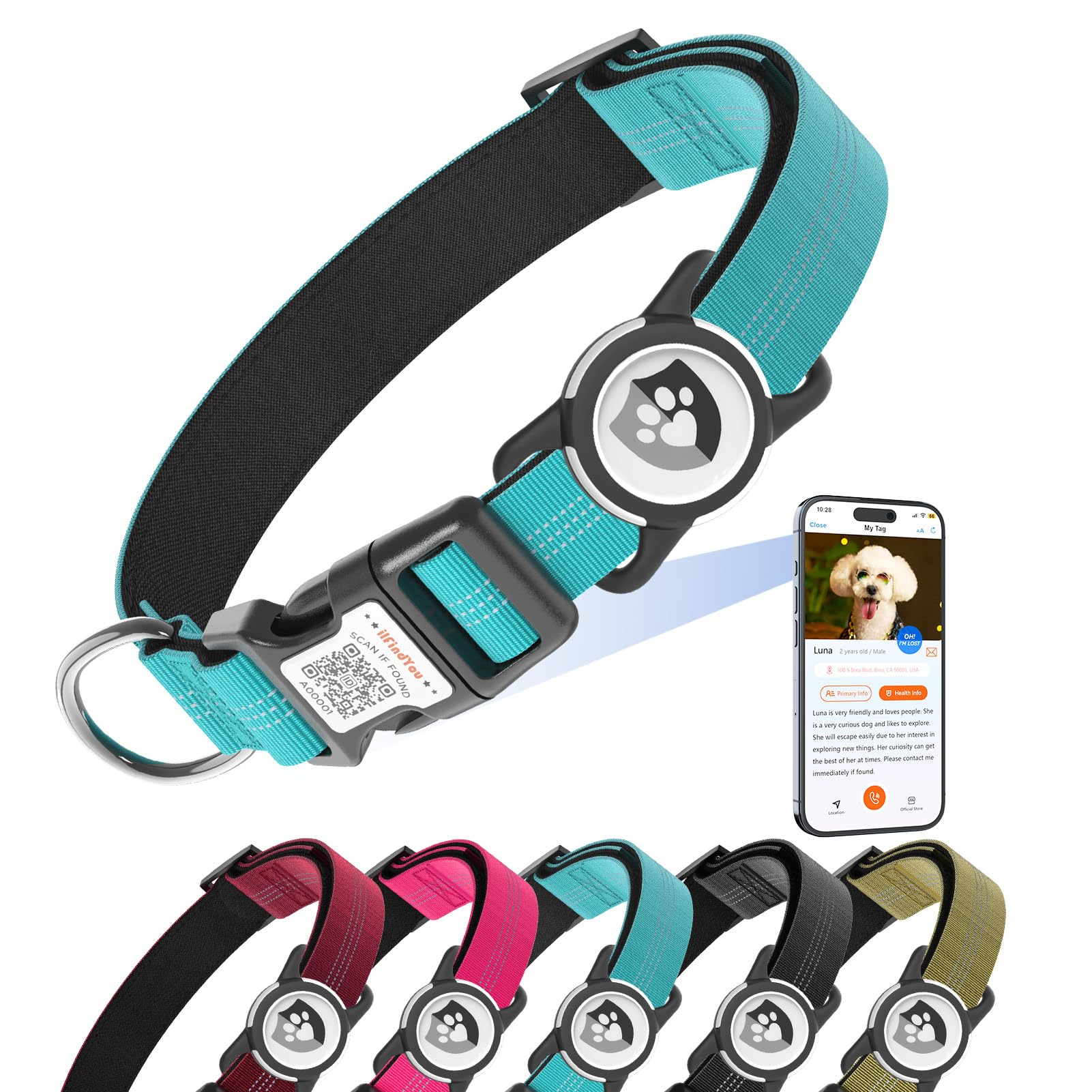Ilfindyou Reflective Dog Collar With Airtag Holder For Medium Dogs Soft Nylon Blue Sized M