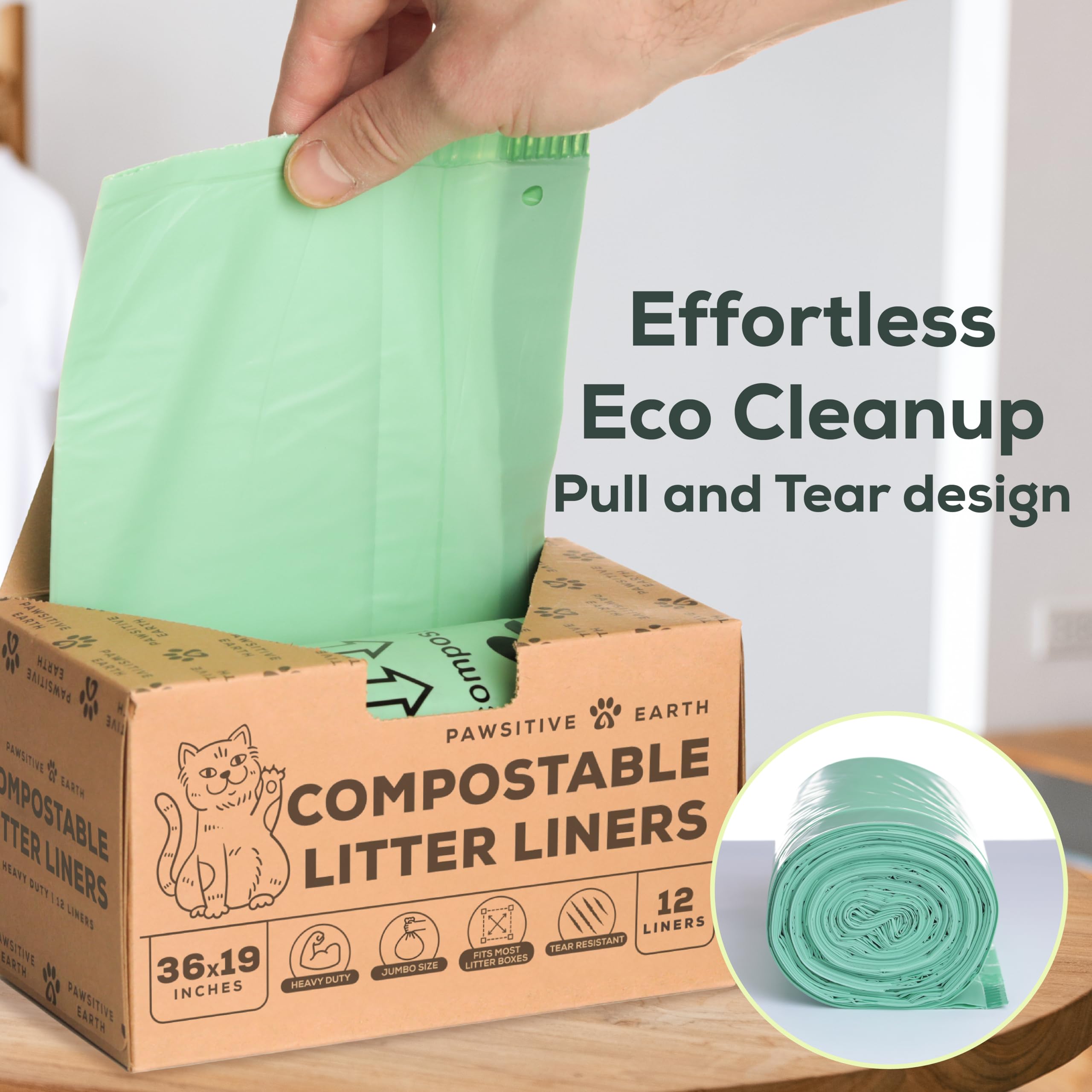 Cat Litter Box Liners 100% Compostable - Drawstring Close - 12 Count - Jumbo Size 36'' X 19'' - Tear & Leak Resistant - Ok Compo