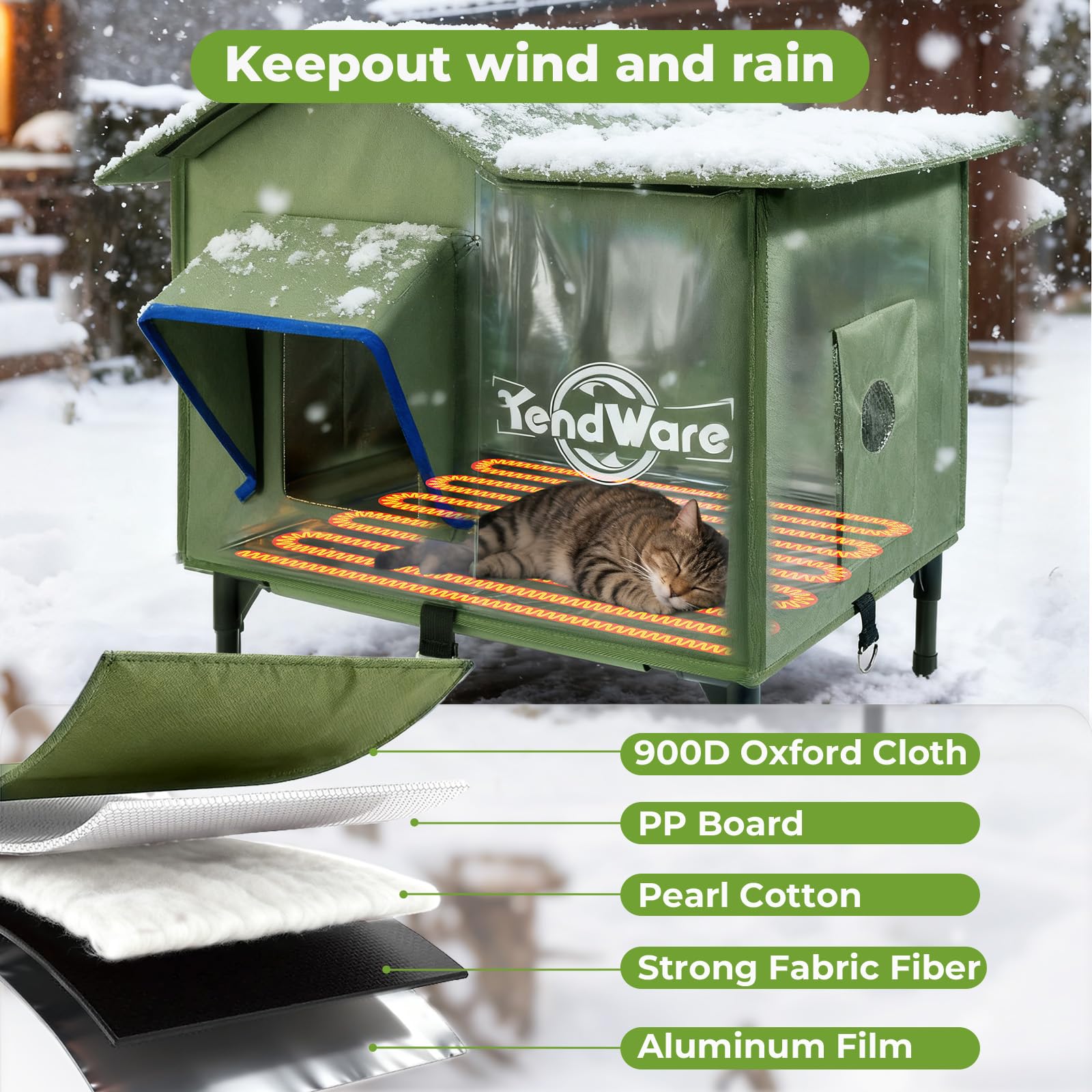 TENDWARE Outdoor Cat House Heated Cat House for Outside with Elevated Base Cat-Attracting Eave Design Feral Stray Shelter Weathe