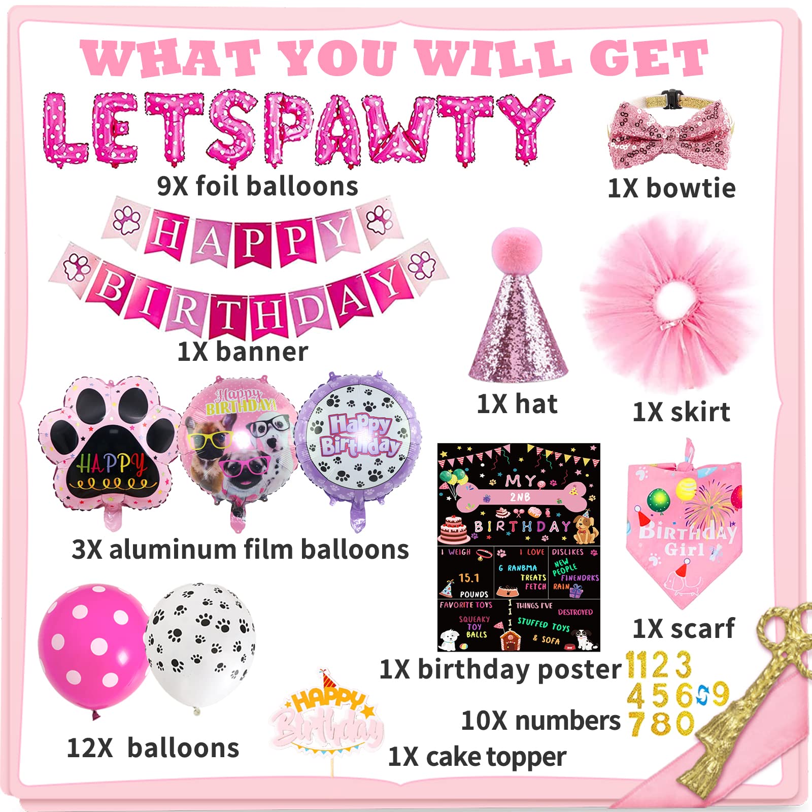 Dog Party Supplies Decorations - Cute Bandana, Let'S Pawty Banner, Cake Topper, Hat, Pink Bowtie, Tutu Skirt, Paw Balloon For Bi