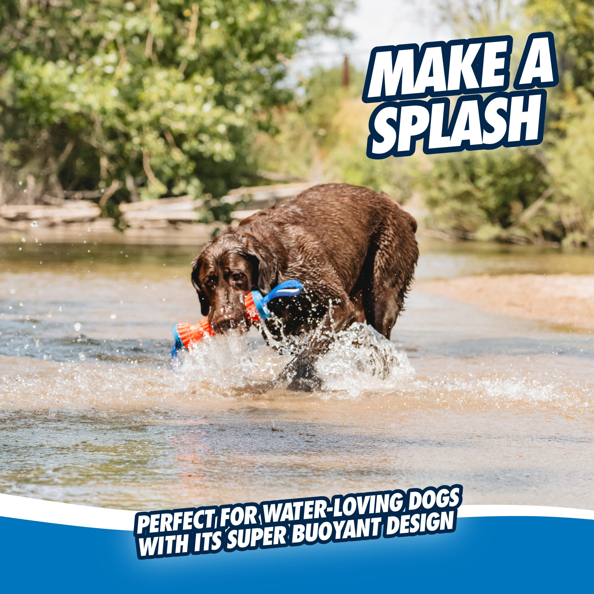 Chuckit! Rugged Bumper Dog Toy - Durable Fetch Stick With Tpr Ridges For Easy Grip - Tug-Of-War Toy For Medium And Large Dogs - Floats In Water - Size Medium - 13.5-Inch Length - Orange And Blue