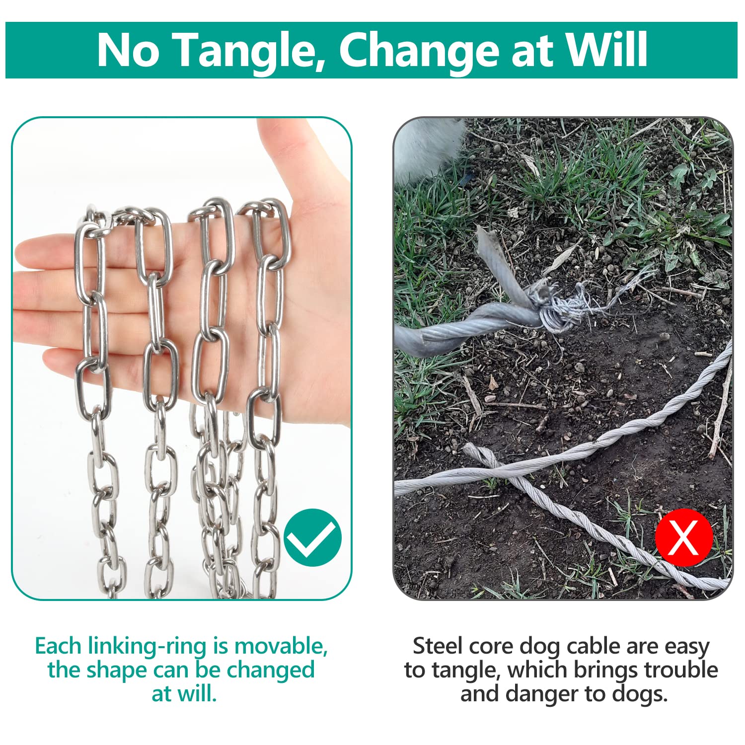 Tresbro Heavy Duty Dog Chains For Outside, 20Ft Stainless Steel Tie Out Cable With Swivel Hook For Large Medium Dogs, Metal Chew