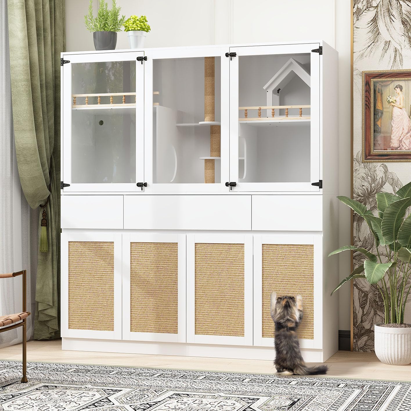 Dawnspaces Large Cat Litter Box Enclosure Furniture Hidden With Scratch Post,Stairs, Cat Condo House For 2 Cats, Cat Cabinet Wit