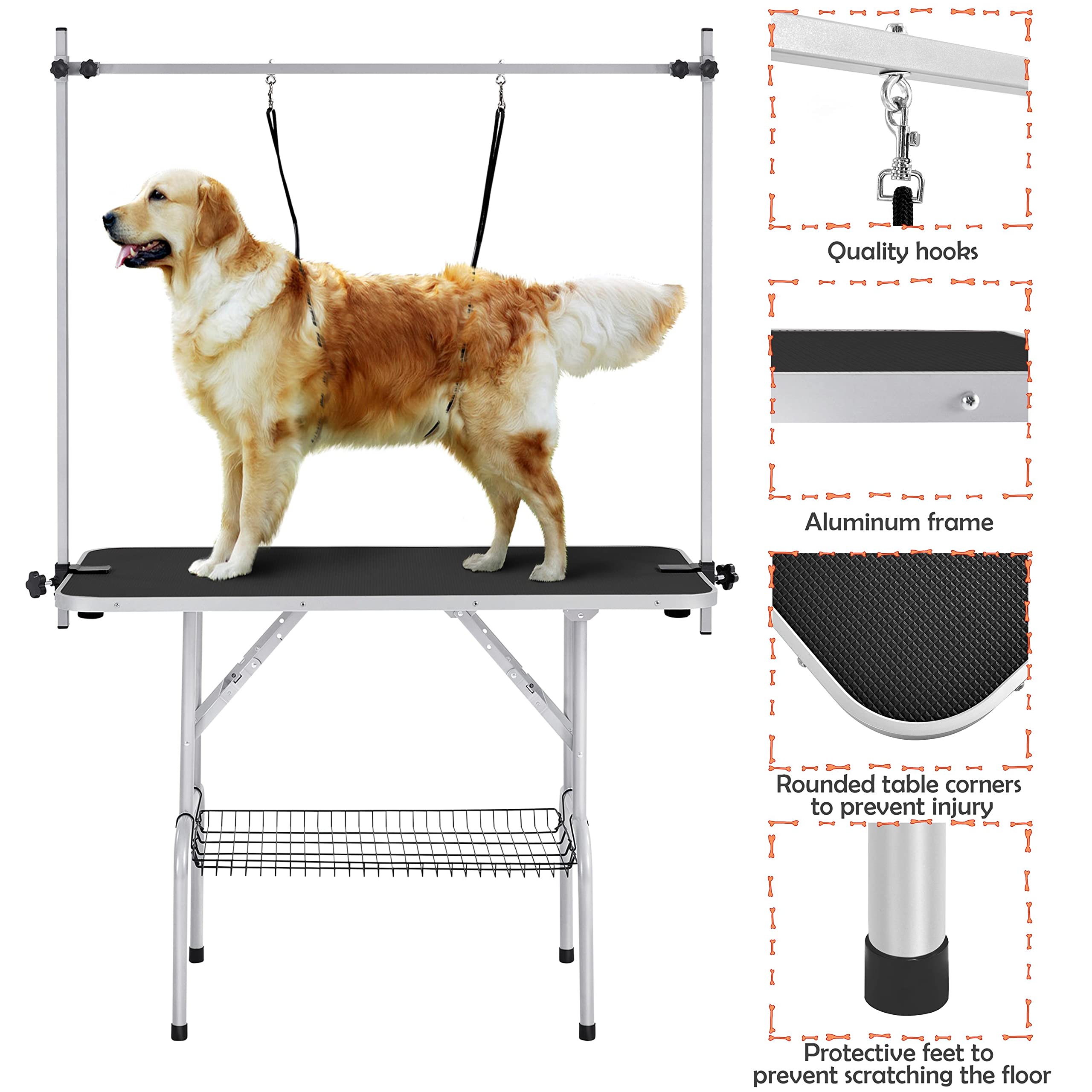 Yaheetech 46'' Pet Grooming Table For Large Dogs Adjustable Height Portable Trimming Table Drying Table W/Arm/Noose/Mesh Tray Maximum Capacity Up To 265Lb, Black