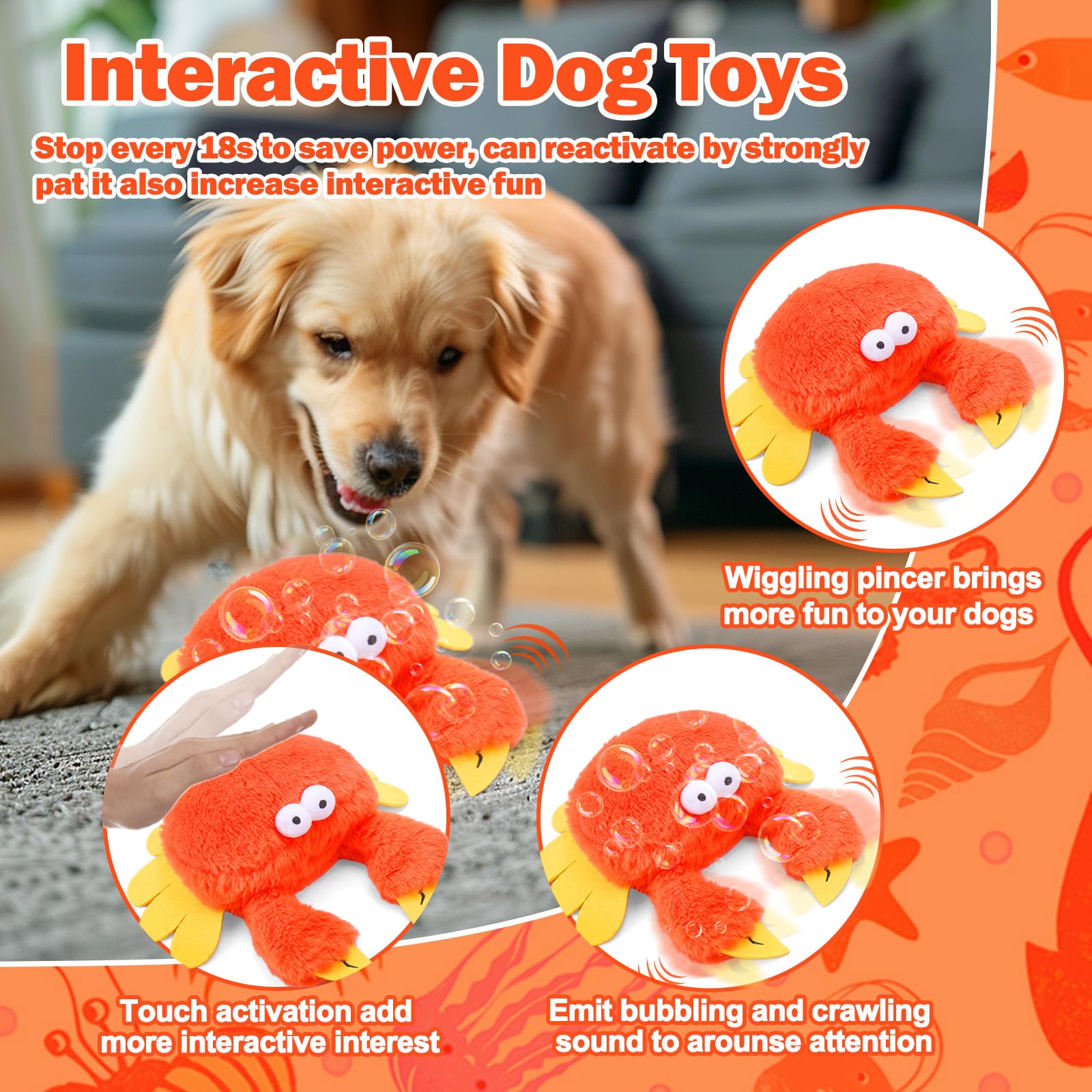Mity Rain Interactive Dog Toy, Rechargeable Crab Squeaky Plush for Small/Medium/Large Dogs, Touch Activated, Orange, Model Mity rain-934