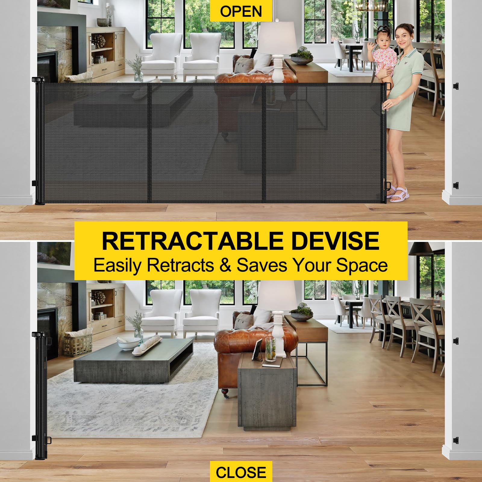 Reinforced 42    Tall x 160    Extra Wide Retractable Baby Gates with Support Rods, Outdoor Pet Gate for Wide Openings, Tall Bab