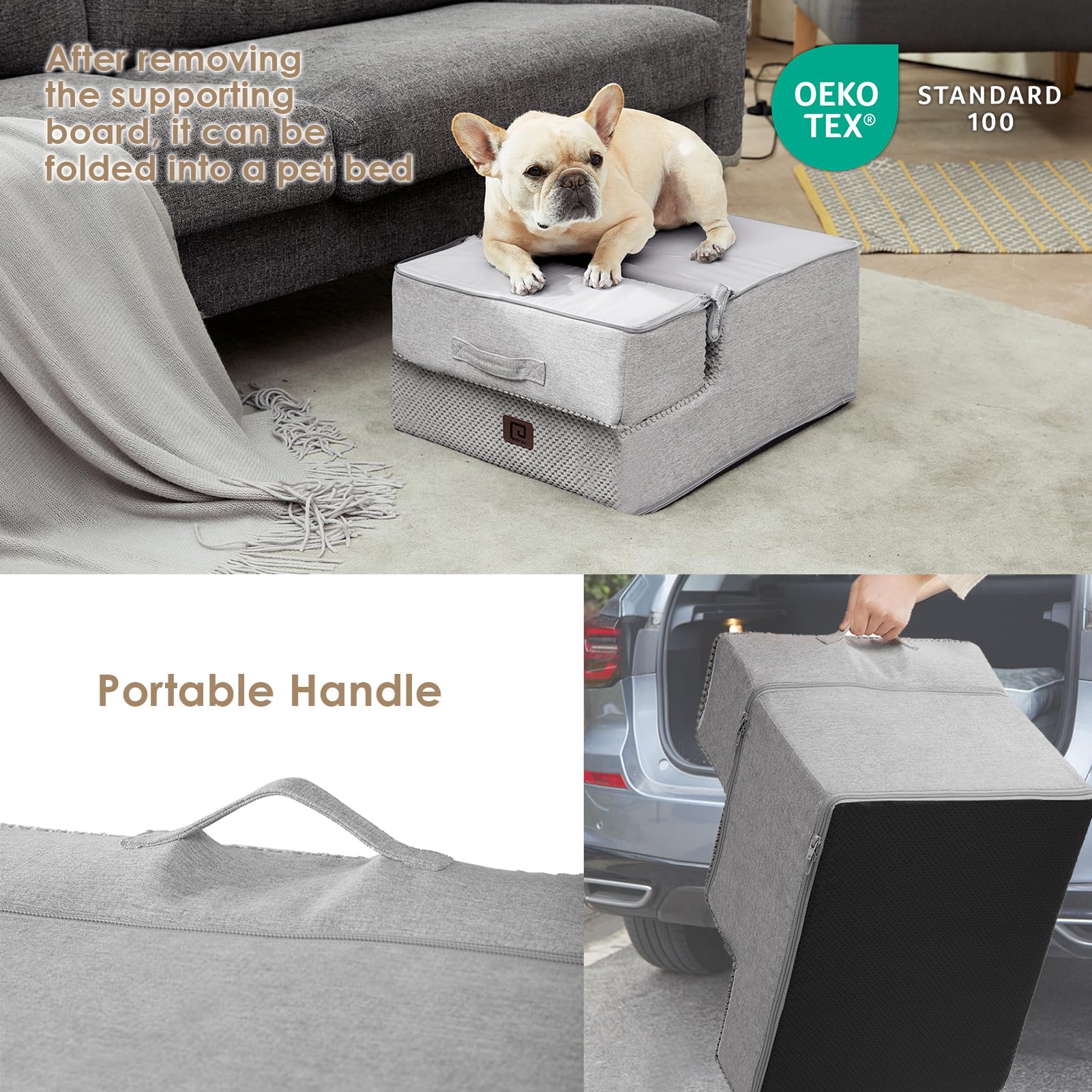 Eheyciga Dog Stairs For Small Dogs 13.5' H, 3-Step Dog Steps For Couch Sofa And Chair, Pet Steps For Small Dogs And Cats, Non-Slip Balanced Dog Indoor Ramp, Light Grey