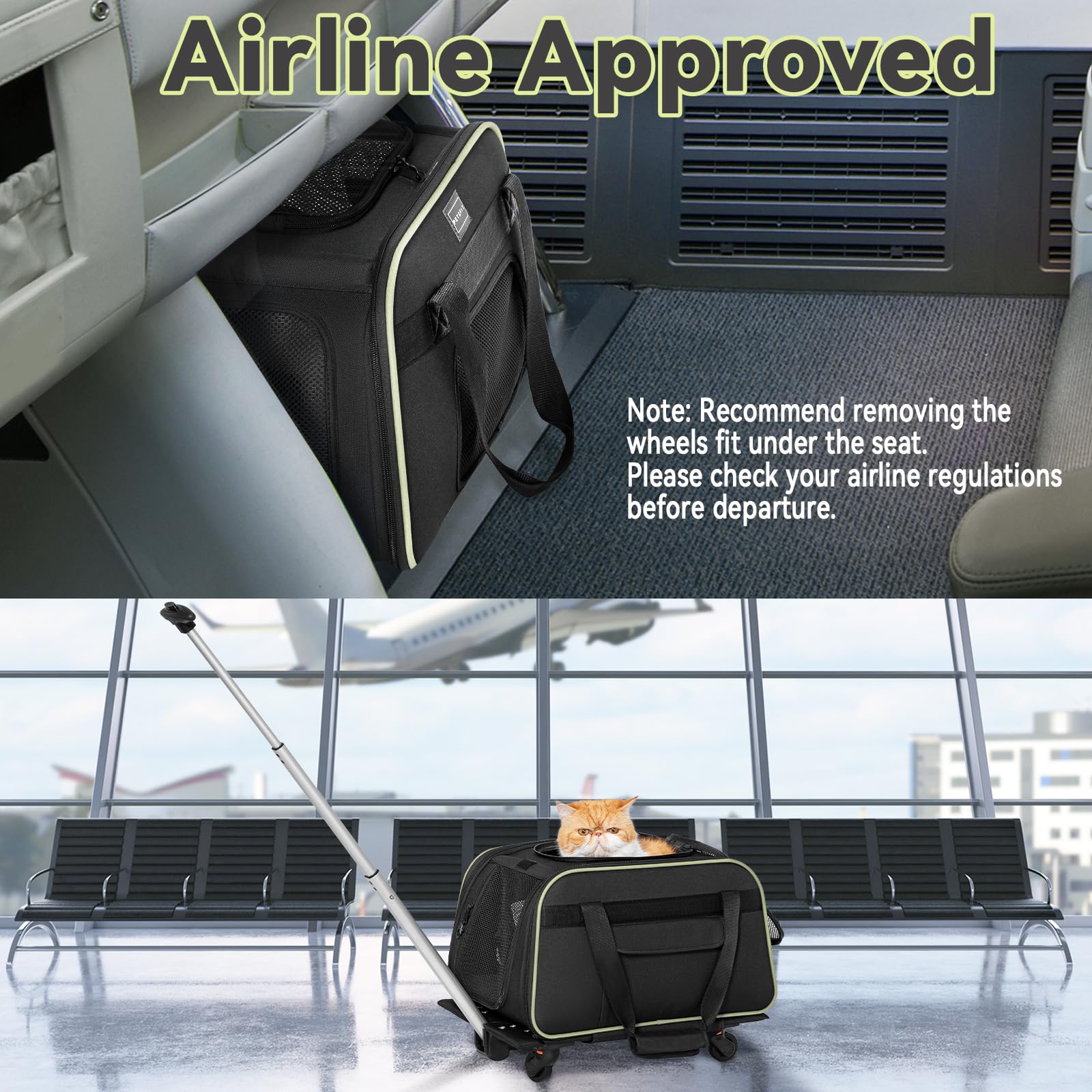 Petsfit Cat Carrier With Wheels Airline Approved, Pet Dog Carrier With Wheels For Small Dogs, Rolling Cat Carrier For Large Cats