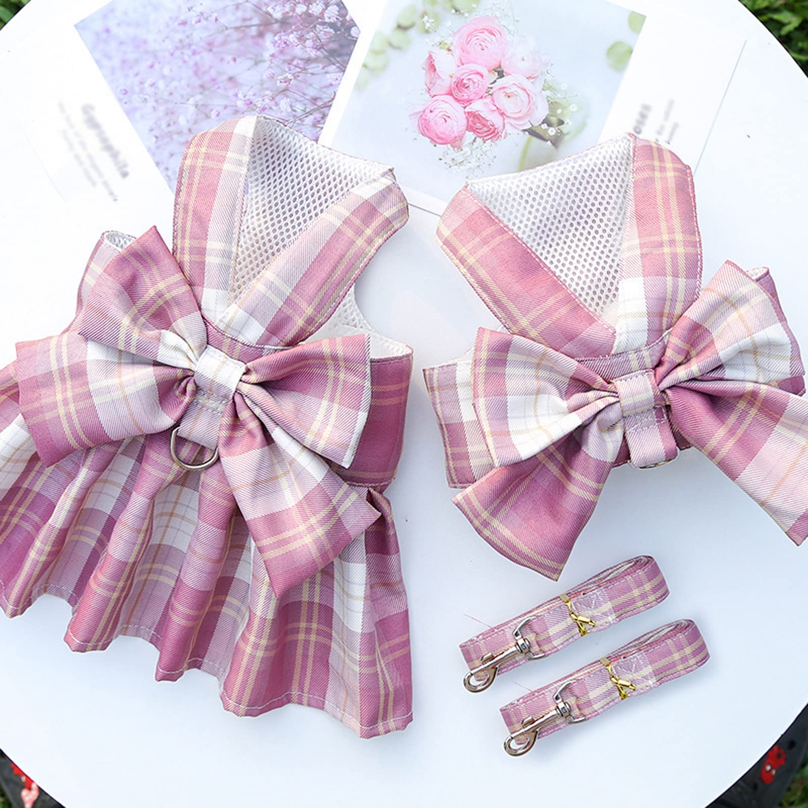 Shekako Dog Harness And Leash Set, Cute Bow Tie Plaid Harnesses For Puppy Cat, Adjustable Pet Kitties Vest, Breathable Traction