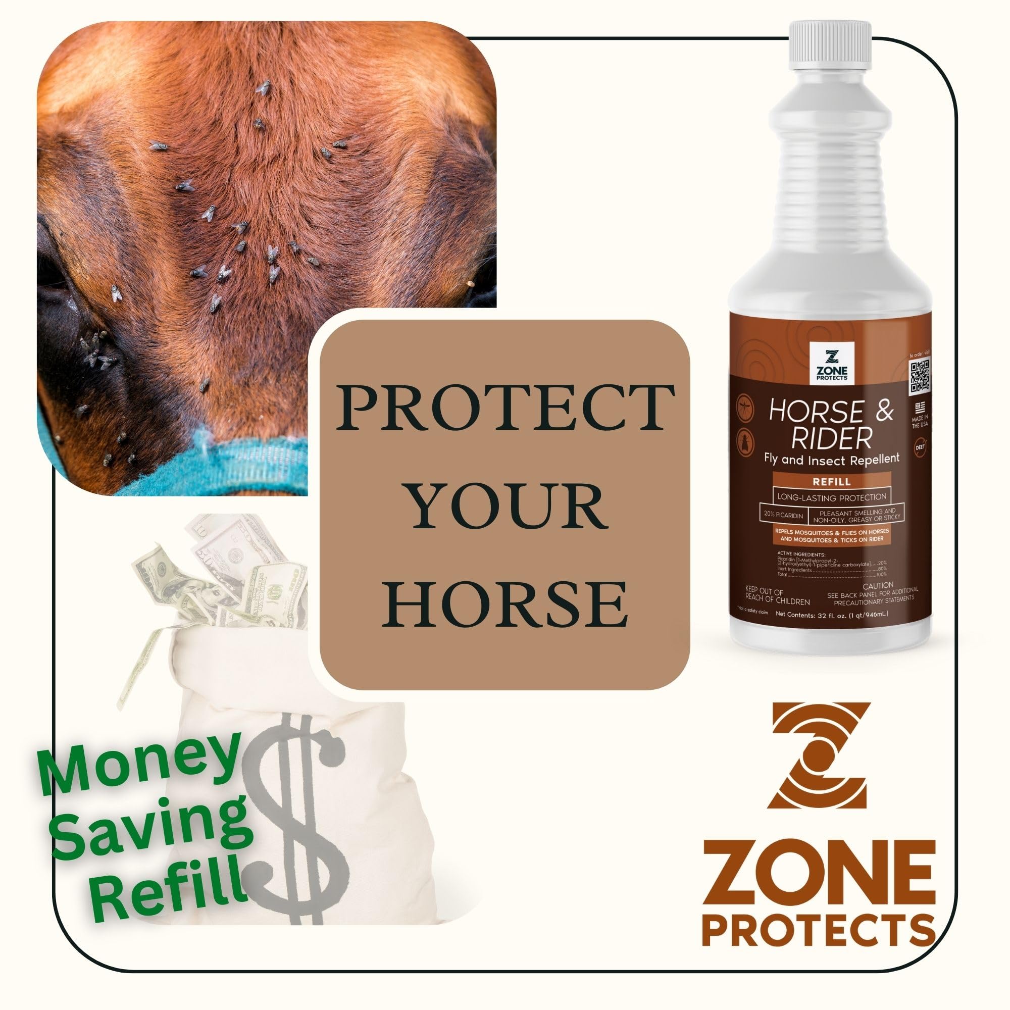 Zone Protects Horse & Rider Fly/Insect Repellent 32oz Refill; Picaridin Based, Light Fresh Scent, Masks Horse Hide; 12-Hr Proven