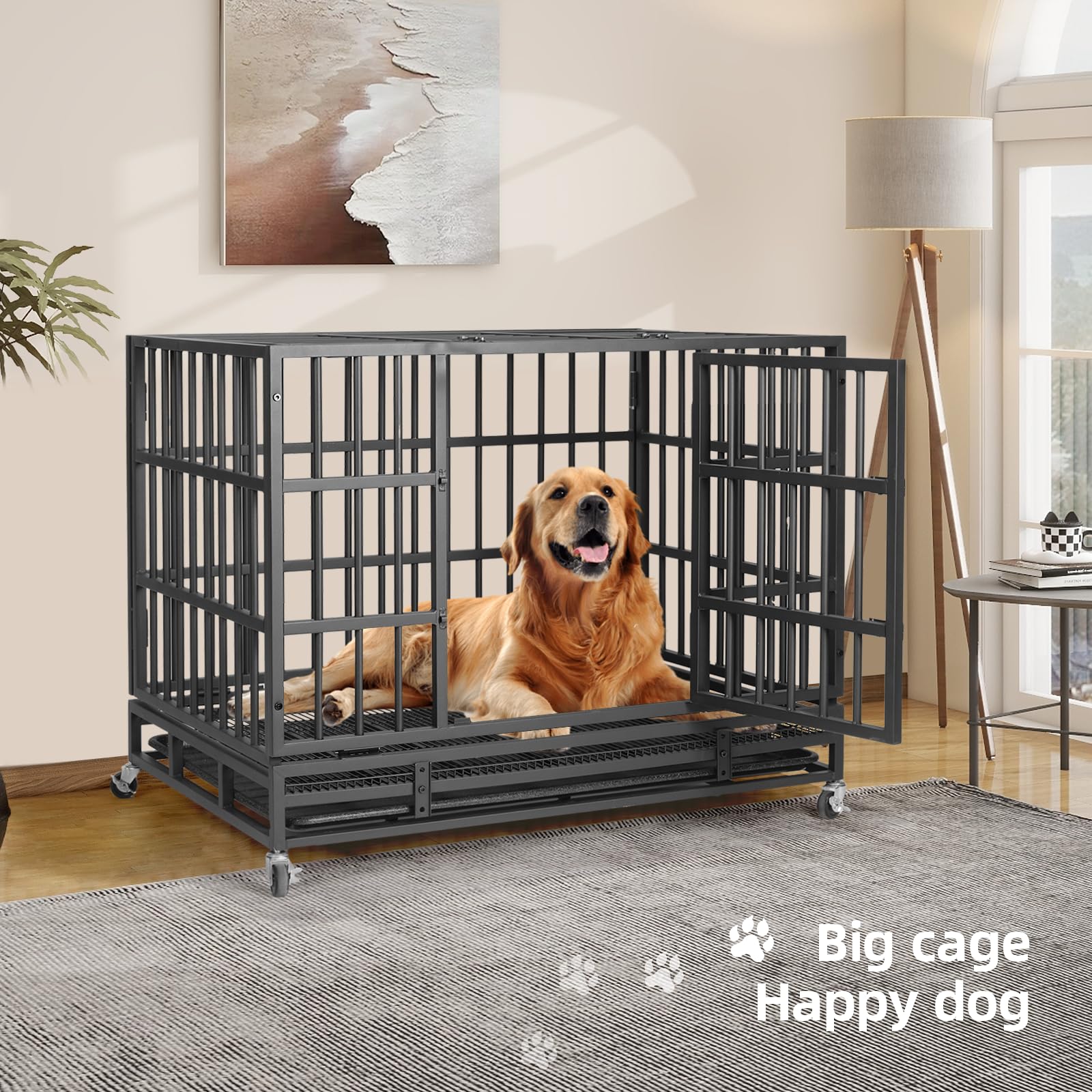 Vowner 42    Heavy Duty Indestructible Dog Crate, High Anxiety Dog Crate, Escape Proof Dog Cage Kennel With 4 Lockable Wheels, D