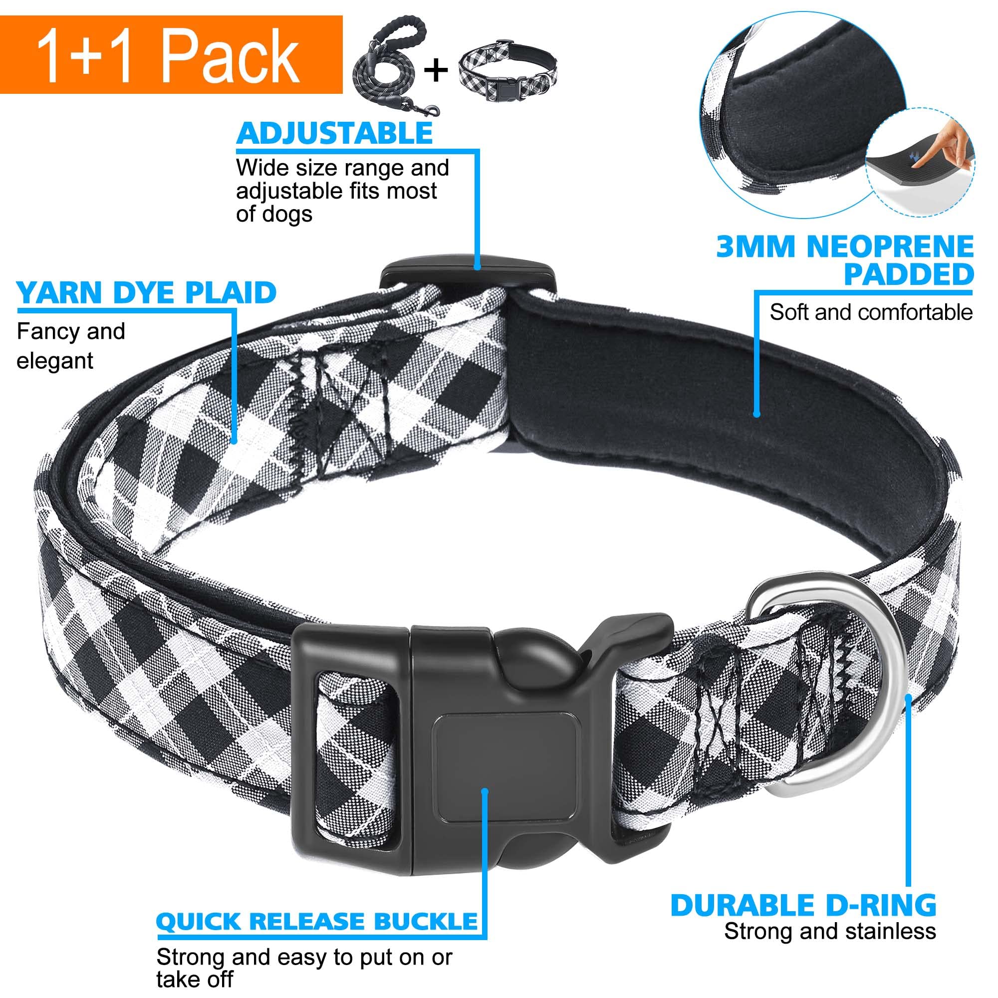 Ladoogo Reflective Dog Collar Padded With Soft Neoprene Breathable Adjustable Nylon Dog Collars For Small Medium Large Dogs (Medium (Pack Of 1), Black Plaid Collar+Leash)
