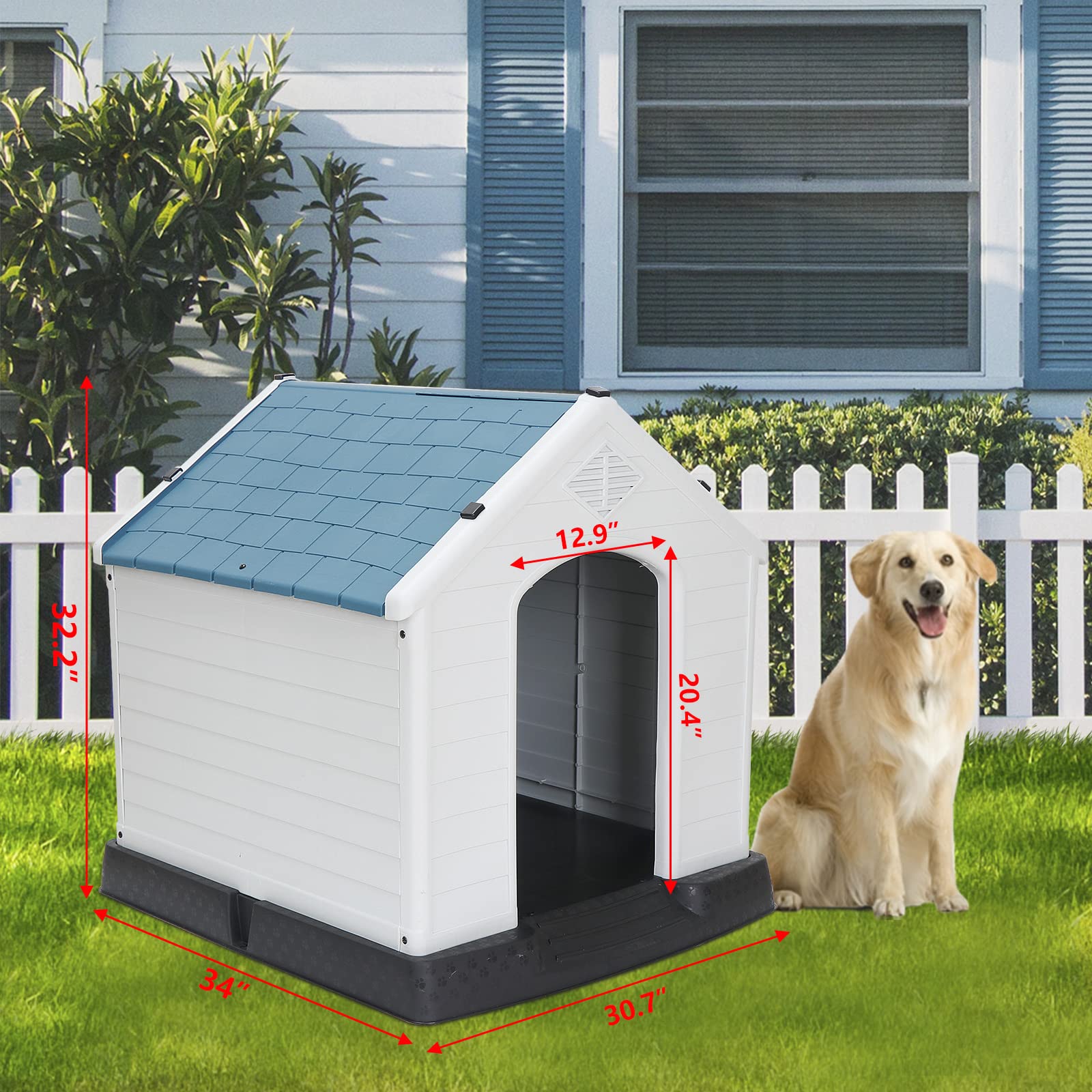 Large Plastic Dog House Indoor Outdoor Doghouse Dog Kennel Easy To Assemble Puppy Shelter W/Air Vents Elevated Floor Waterproof