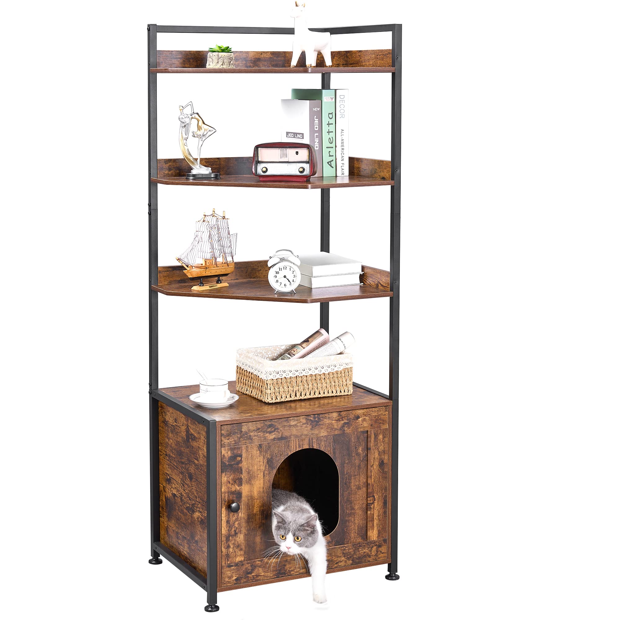 Bewishome Cat Litter Box Enclosure Furniture, Hidden Litter Box Furniture For Living Room, Large Cat Furniture With 4 Tier Shelv