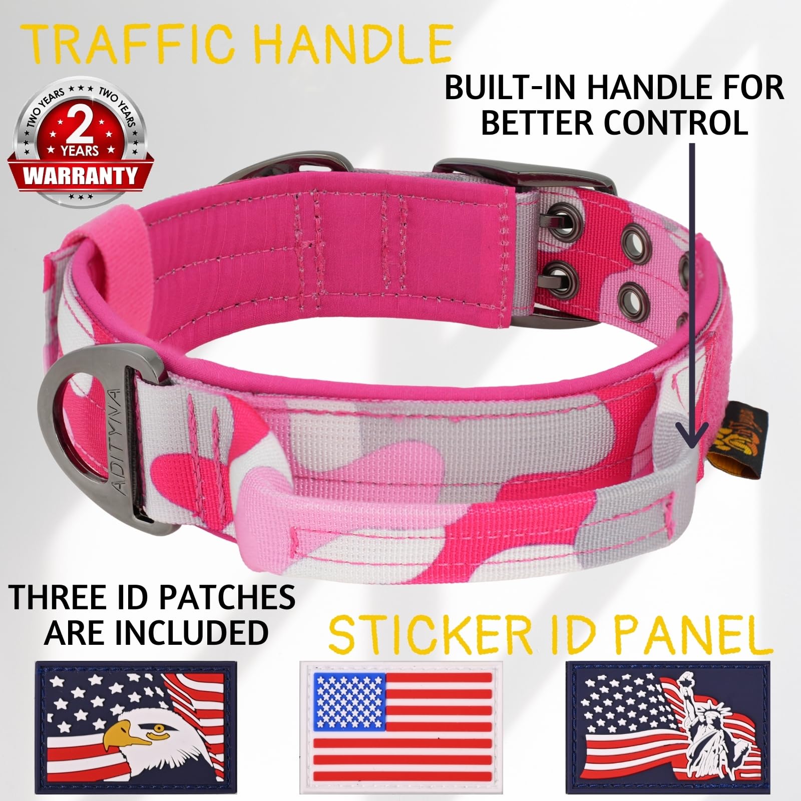Adityna Heavy Duty Dog Collar For Medium Dogs - Camo Pink Collar With Handle For Training, And Walking - Wide, Thick, Tactical,