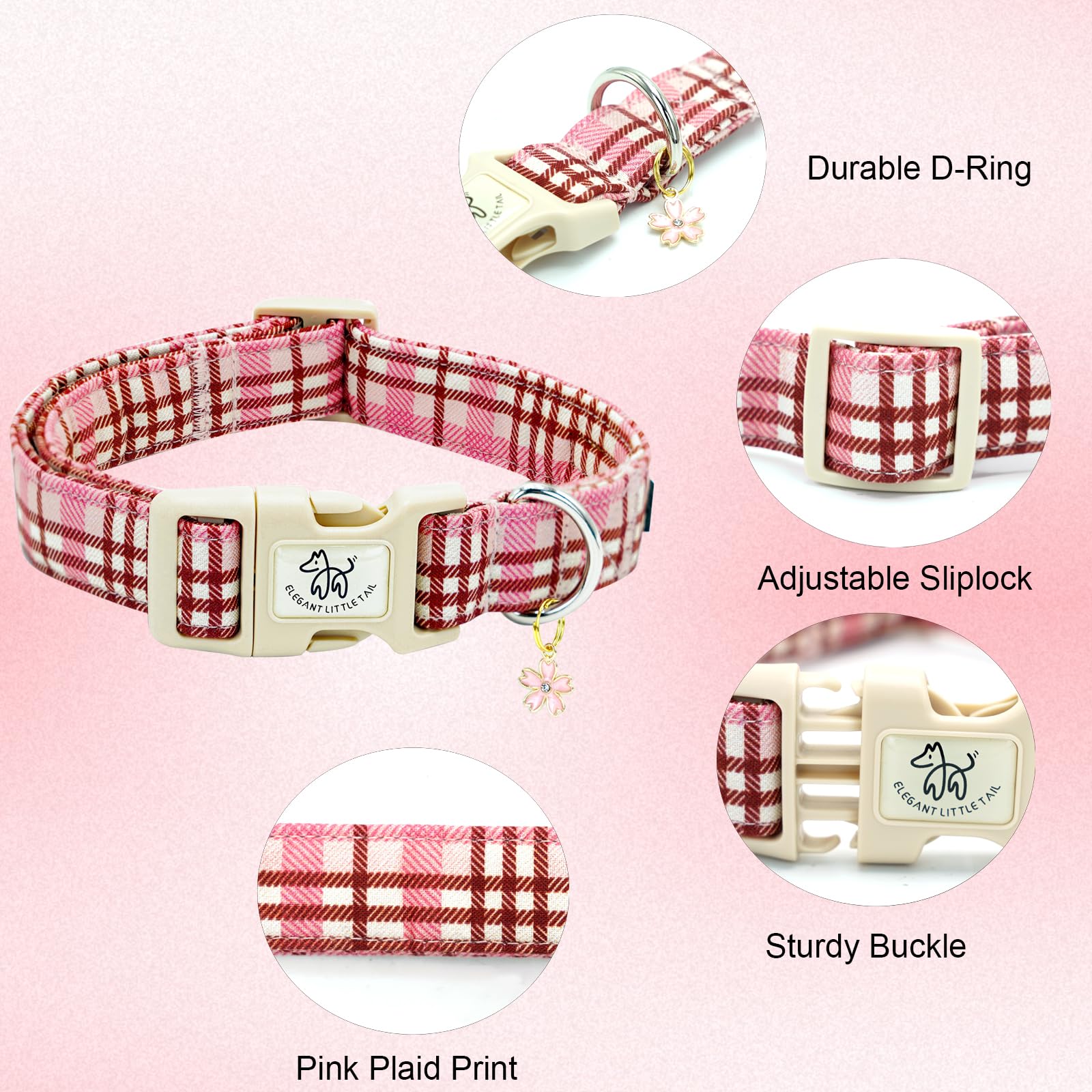 Elegant Little Tail Dog Collar- Cute Dog Pet Collars Pink Plaid Print Puppy Adjustable Soft Cotton Girl Boy Collars For Small Me