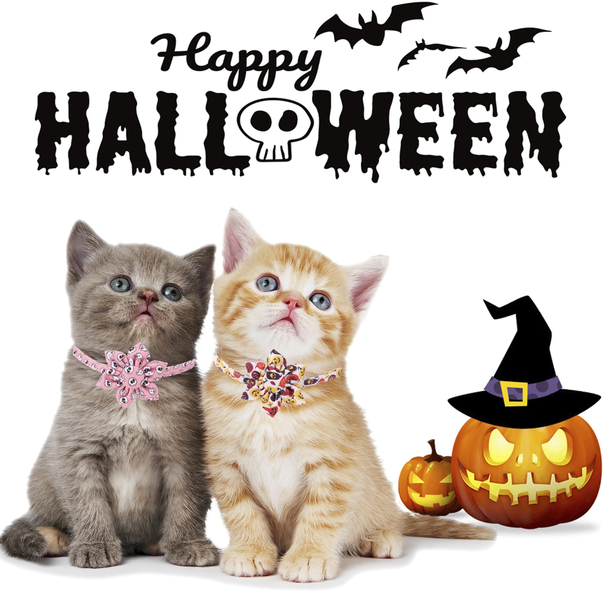Adoggygo Halloween Cat Collar With Floral, 2 Pack Halloween Kitten Flower Collar, Pink Ghost Pumpkin Collars For Cats Kittens