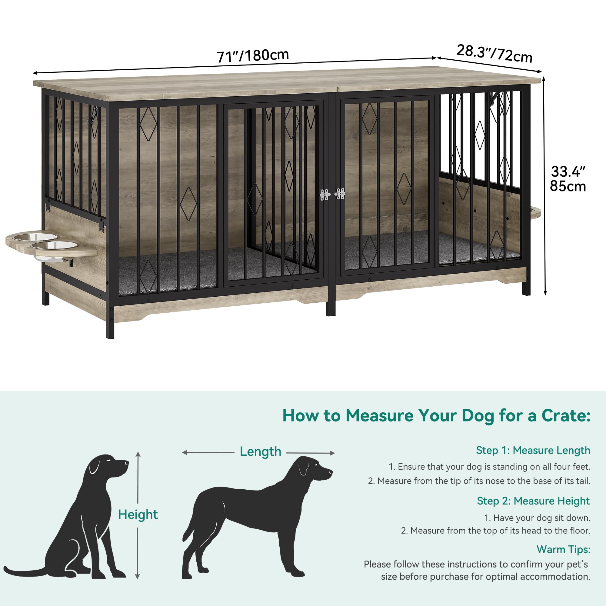 YITAHOME 71 Double Dog Crate Furniture with Divider, Wooden Large Dog Kennel with Flip-Top&4 Rotatable Bowls&2 Cushions, Dog Cra