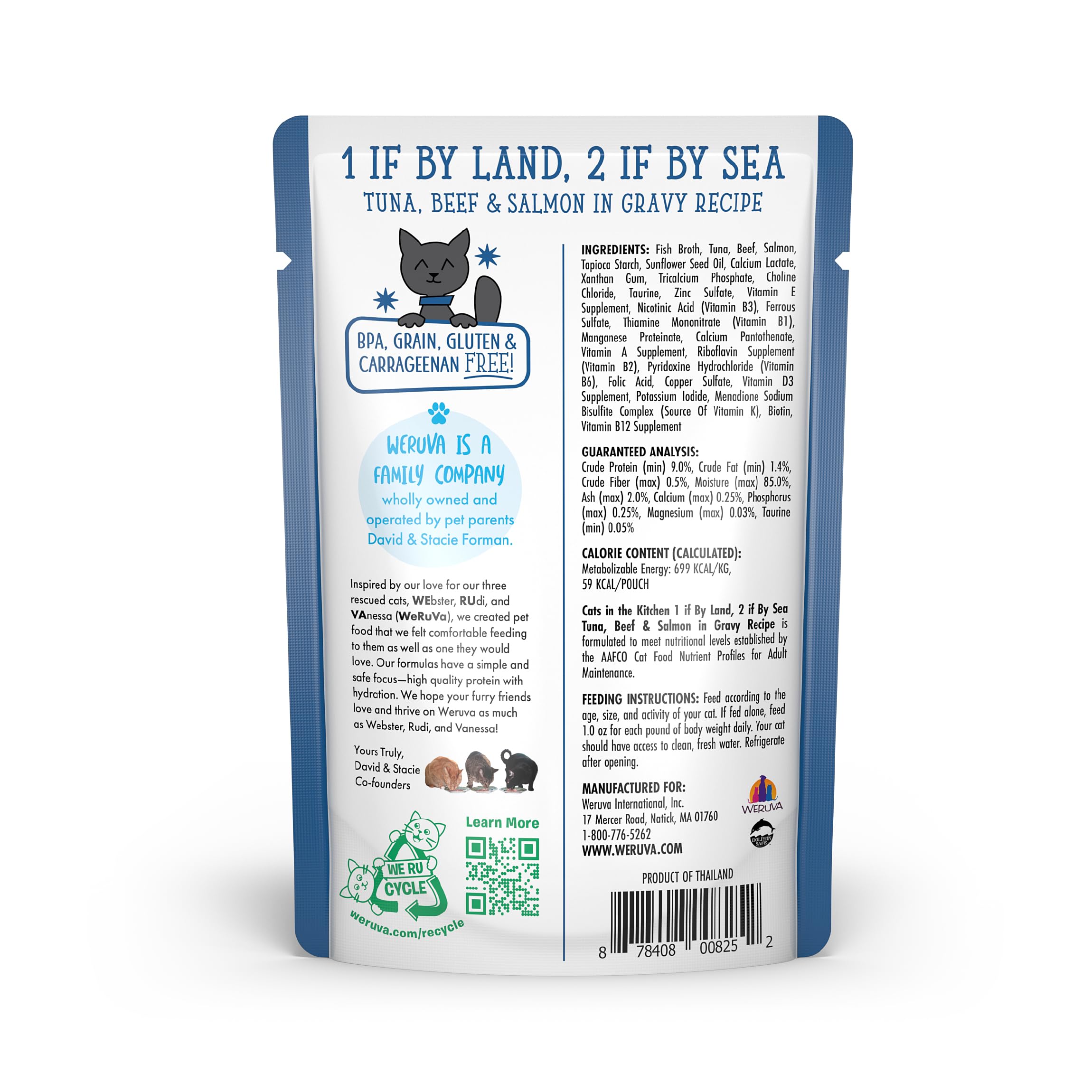 Weruva Cats in The Kitchen, 1 if by Land, 2 if by Sea with Tuna, Beef & Salmon in Gravy Cat Food, 3oz Pouch (Pack of 12)