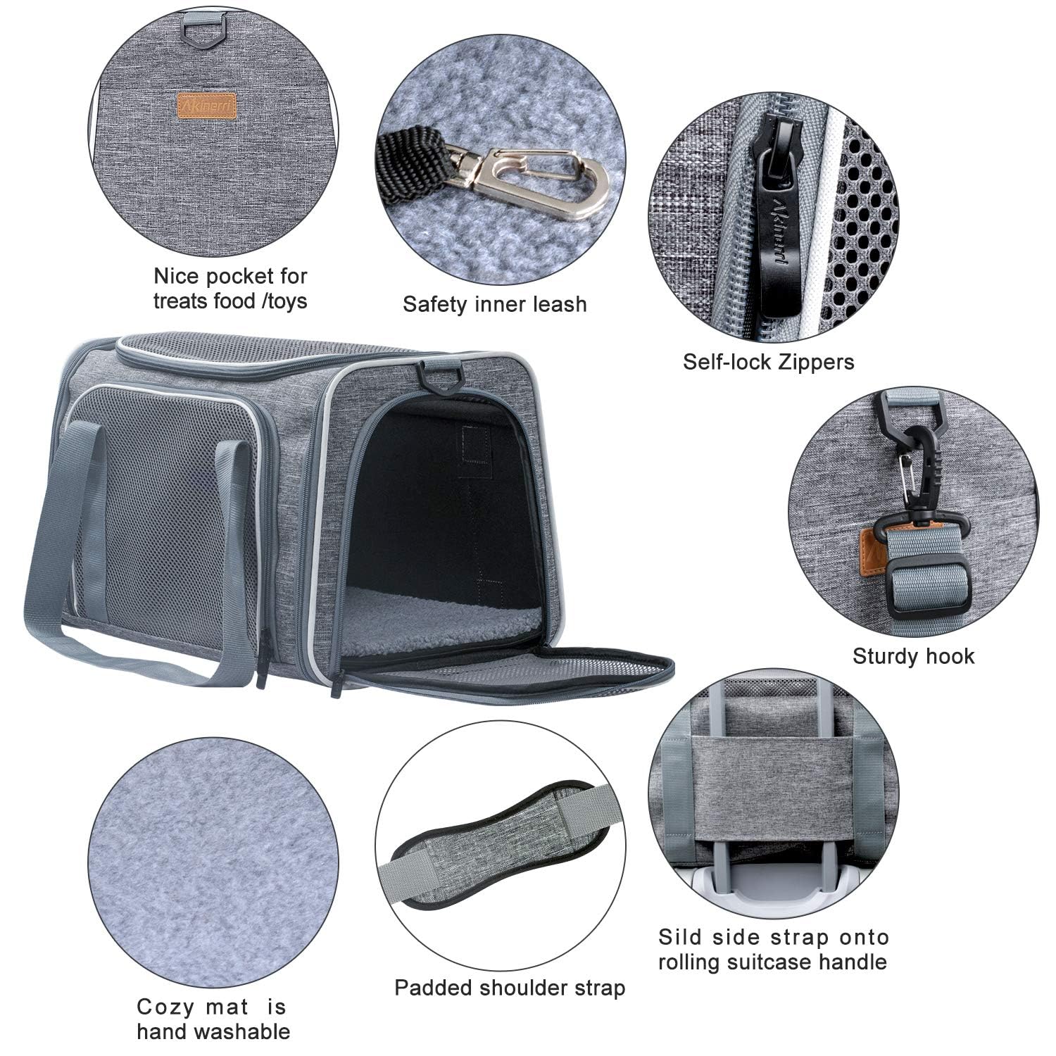 Akinerri Cat Carrier - Soft-Sided Portable Bag, Airline Approved, 19.7"x12"x12", Light Grey, Model PET-0481, Up to 28 Lbs