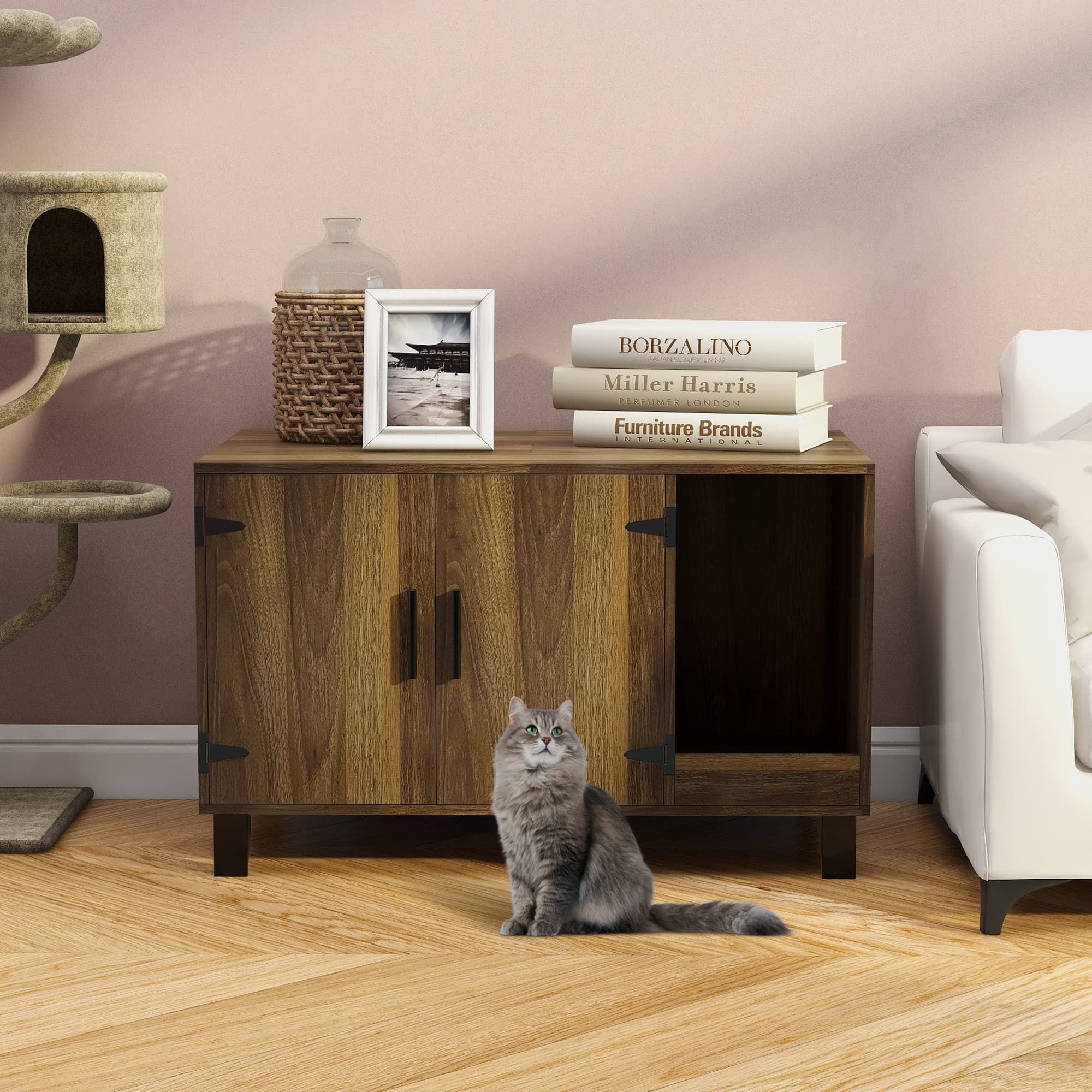 Taohfe Litter Box Enclosure Cat Litter Box Furniture Hidden With Cat Scratch Pad Decorative Farmhouse Wooden Hidden Litter Box Cat House Litterbox Furniture Cat Box Furniture Litterbox Cabinet