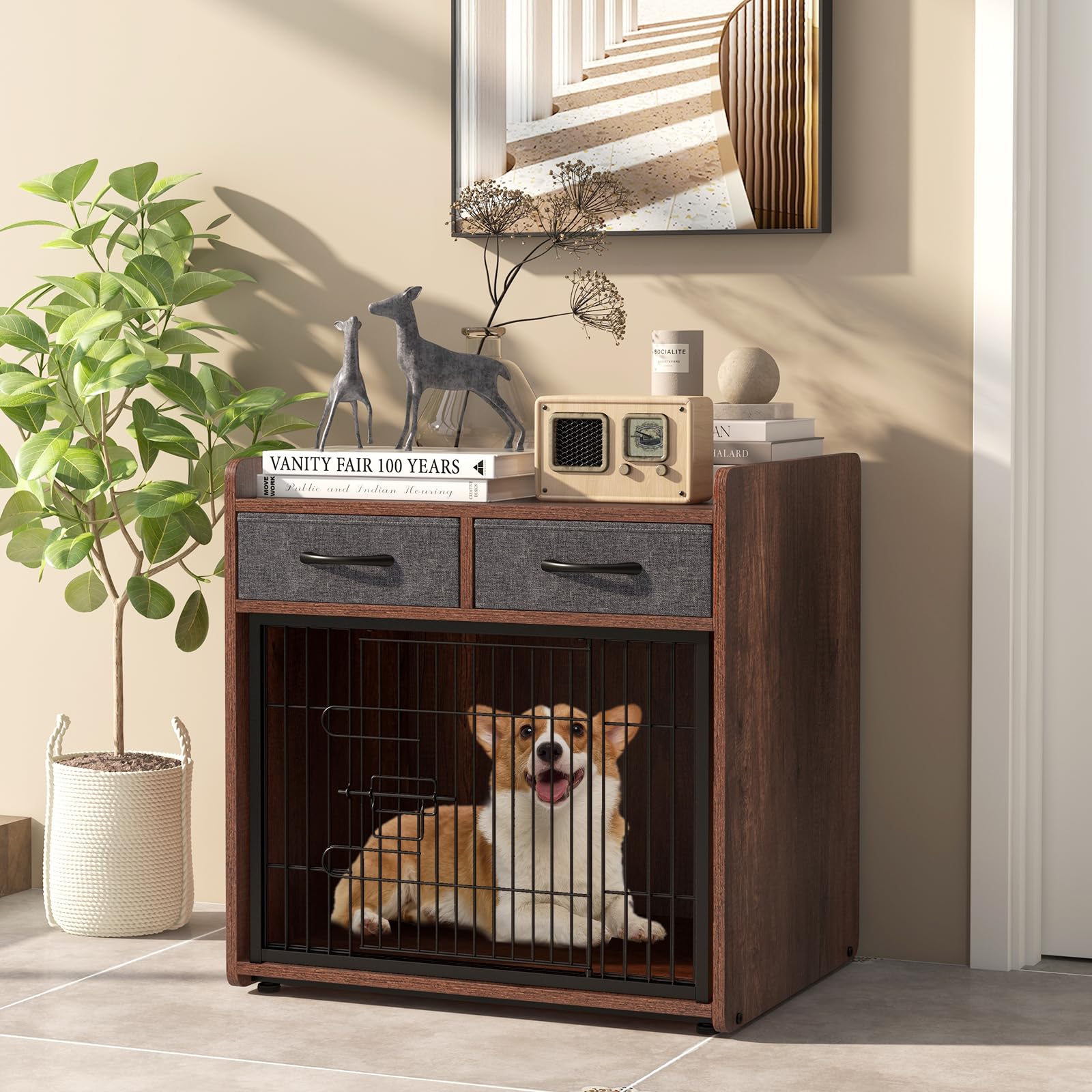 Giantex Dog Crate Furniture - Wooden Dog Cage End Table with 2 Storage Drawers, Latched Door, Pet House Dog Kennel Indoor for Sm