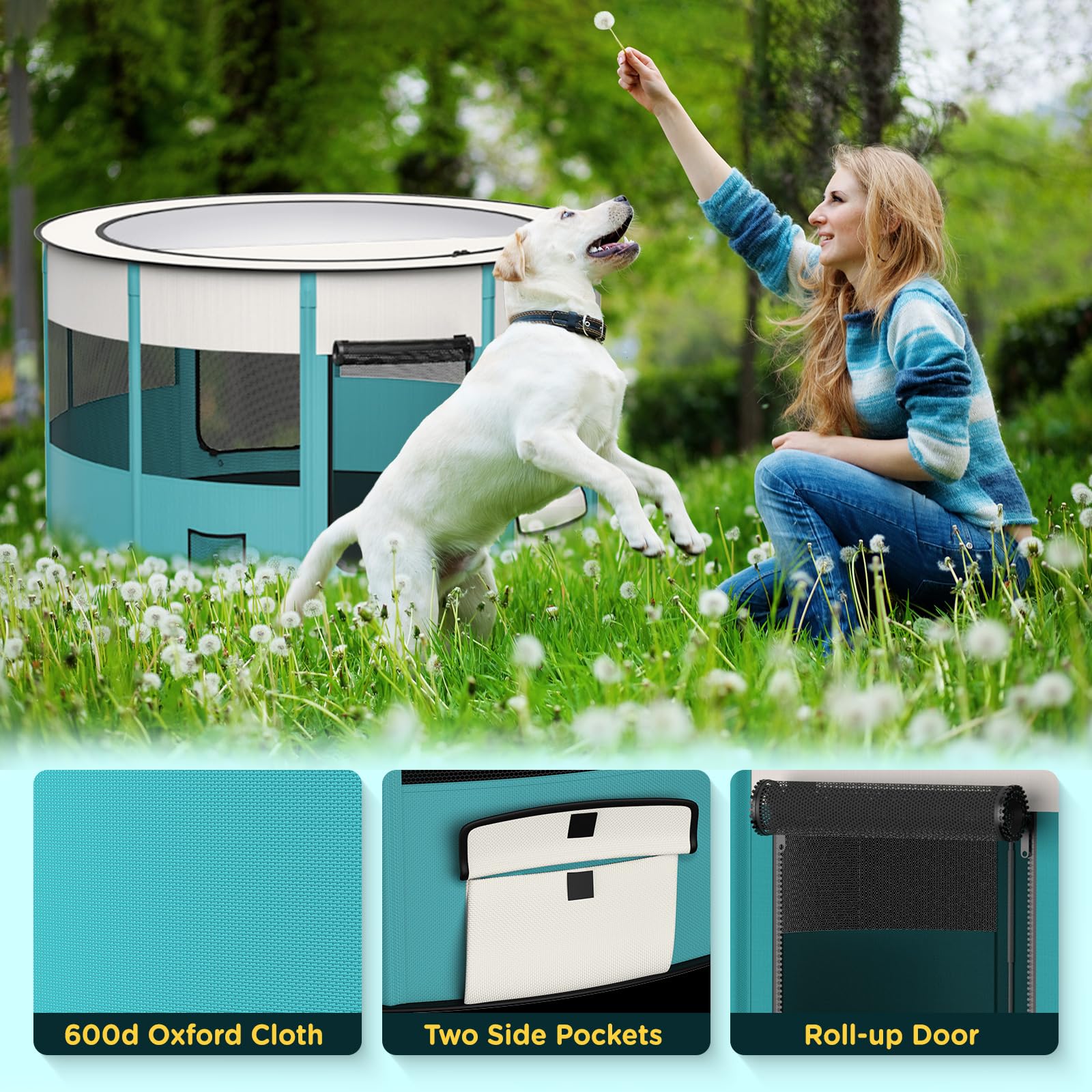 Foldable Playpen For Dogs, 110Cm*110Cm Waterproof Portable Dog Cat Crate Pet Exercise Kennel Tent, Puppy Kitten Cage With Shade