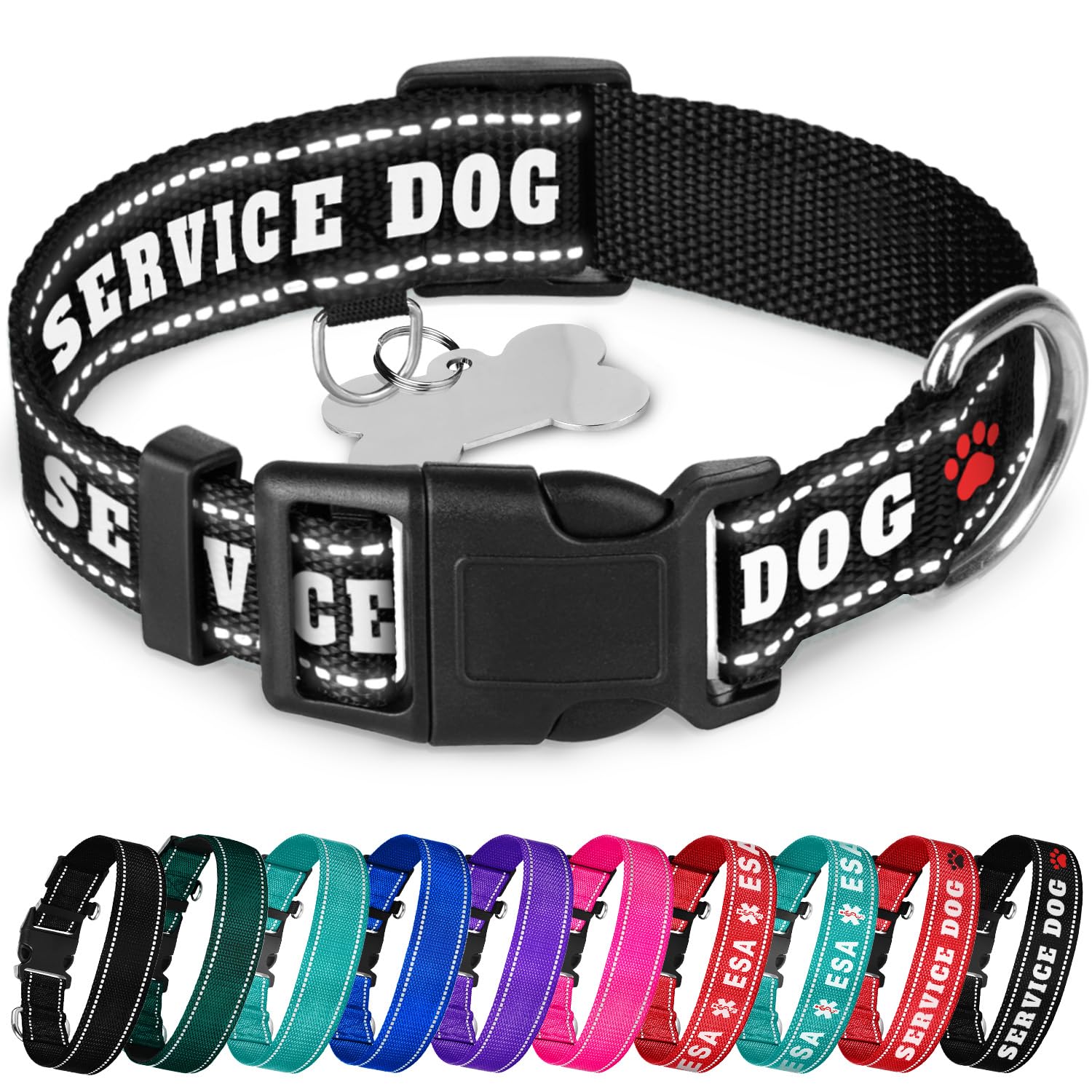 Teceum Reflective Pet Collar - Black - Service Dog - Xs - Basic Nylon Dog Collar - Quick Release Buckle - Fits Small, Medium And