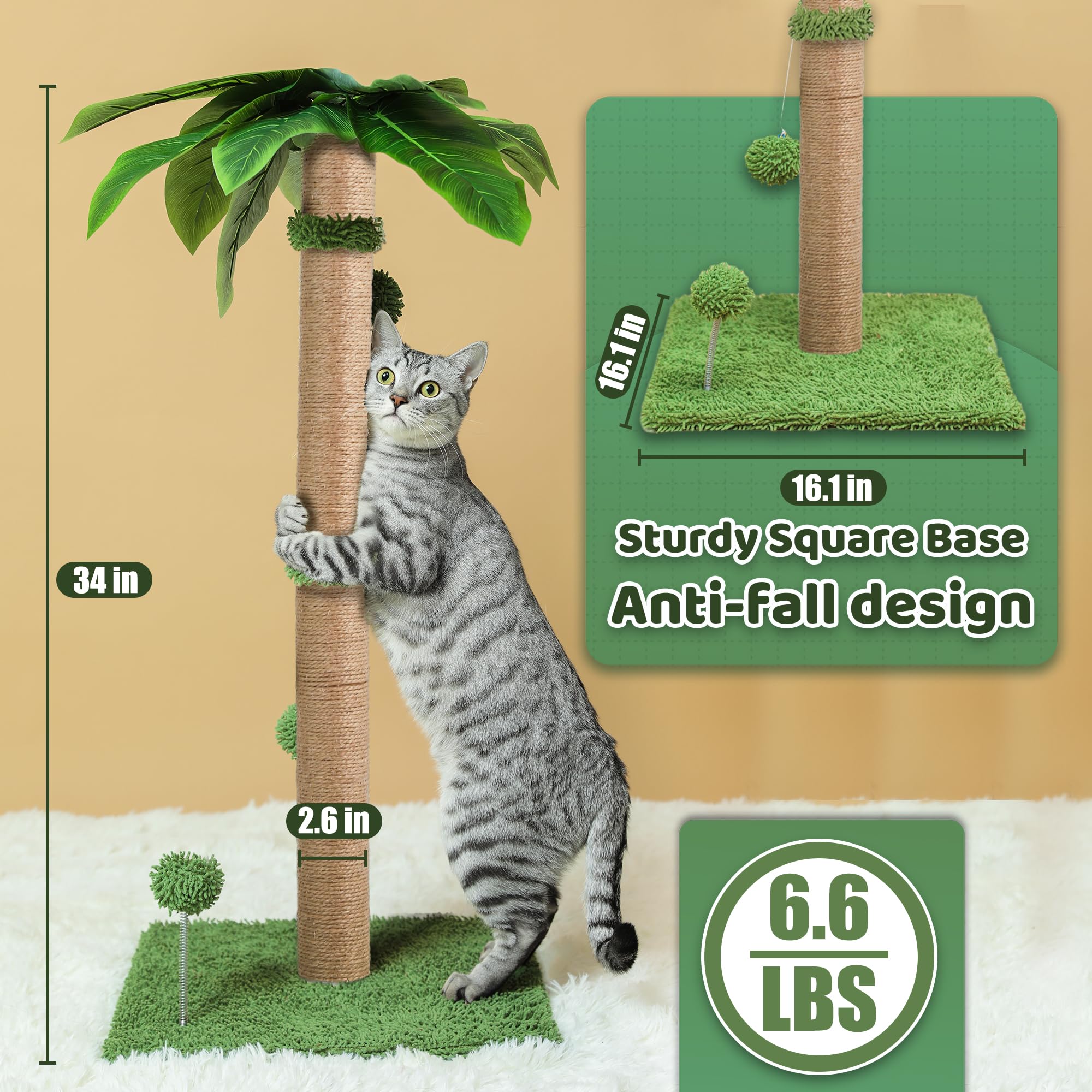 34'' Cat Scratching Post For Average Cats, Green Palm Cat Tree, Cat Scratcher For Indoor Cats With Hanging Toy Balls For Large C