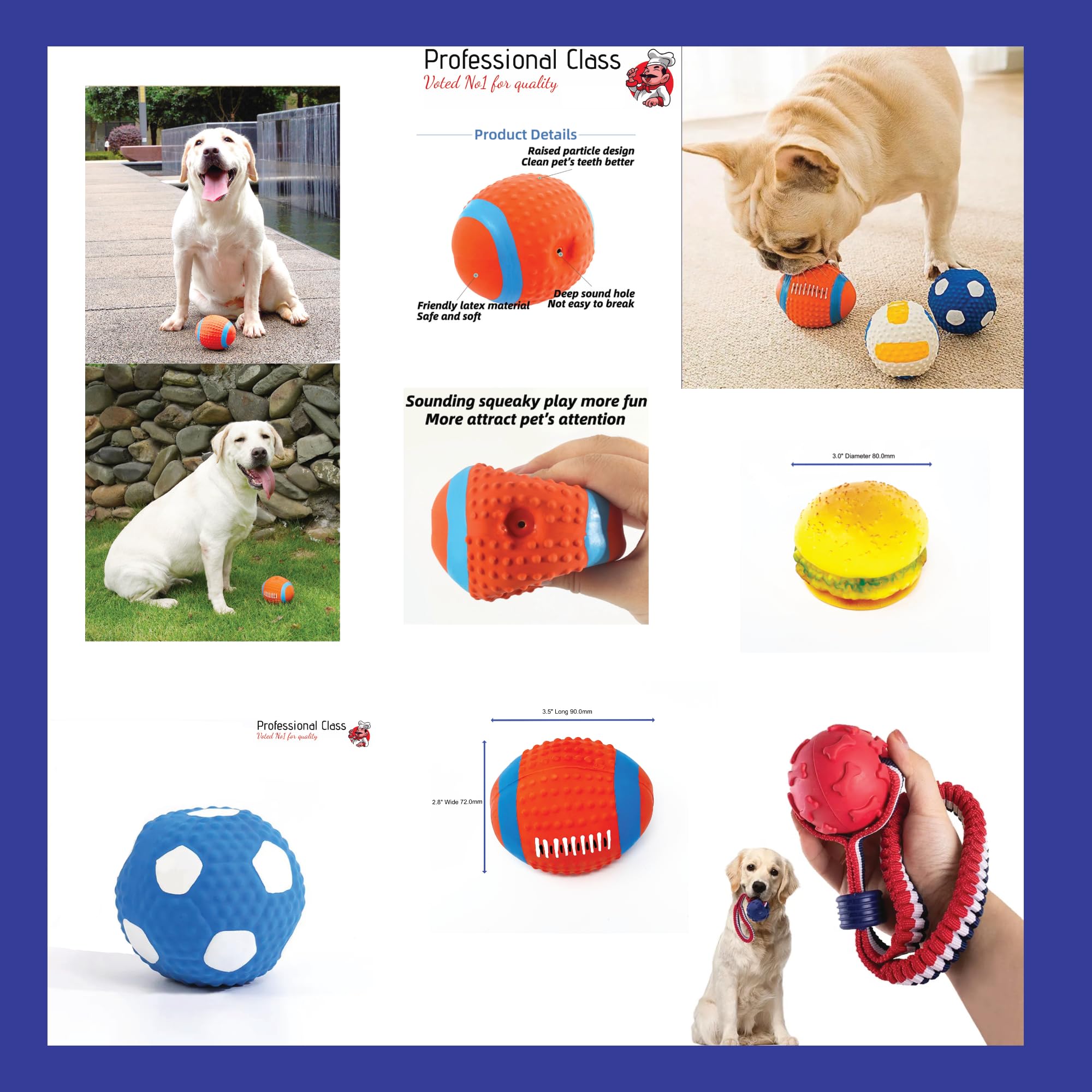 Dog Balls Squeaky Balls For Dogs -Dog Toys Including 1 Solid Flex Dog Toy Play Ball With Handle (Red White Blue)