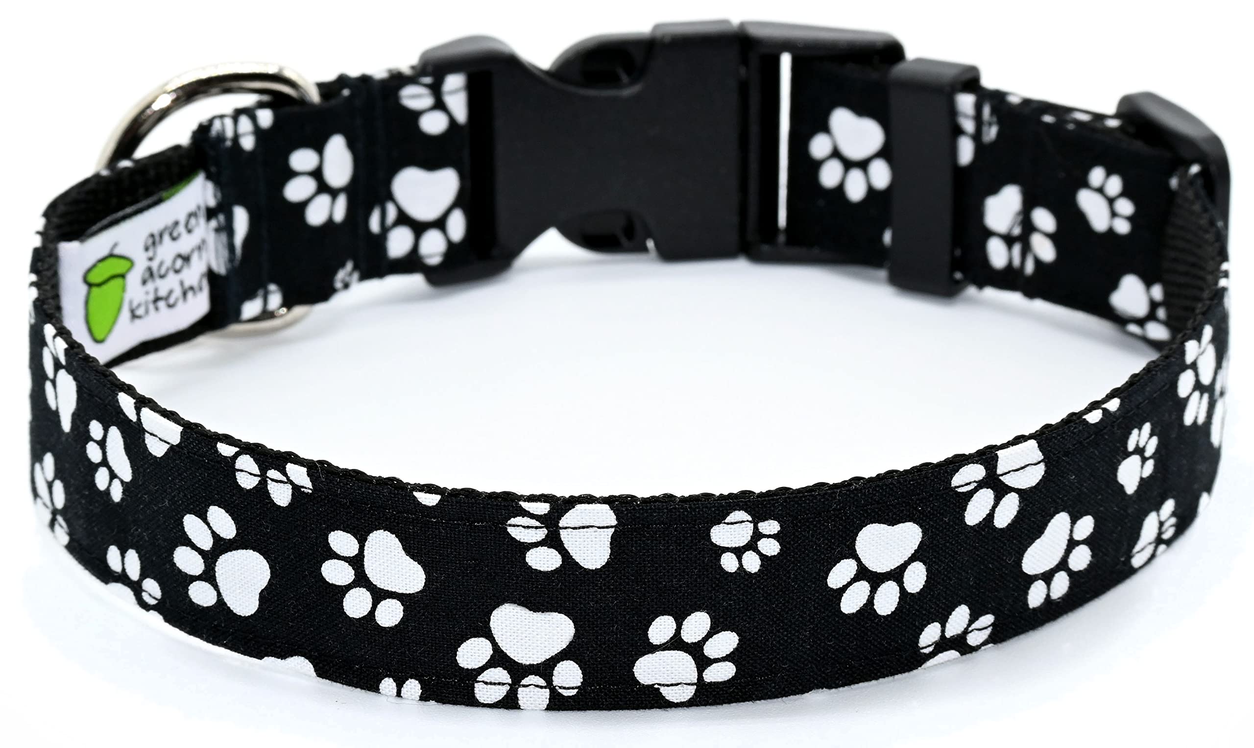 Black Paw Prints Dog Collar - Black With White Paw Prints - 5 Sizes - 5/8 Or 1 Inch Wide - Handmade By Green Acorn Kitchen (Medi
