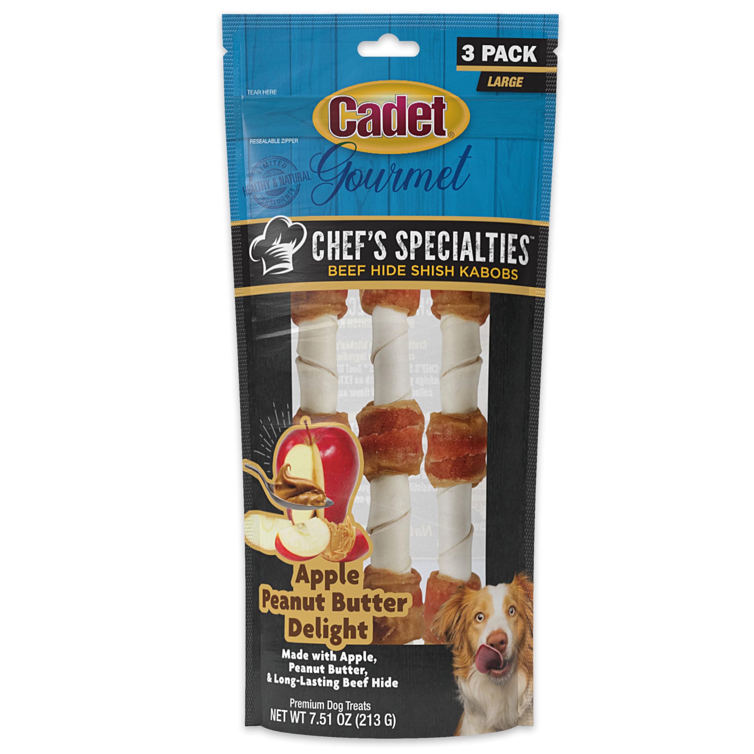 Cadet Chefs Specialties Natural Rawhide Shish Kabob Chew Sticks, Apple Peanut Butter Flavor, Healthy Dog Treats for Large Breed