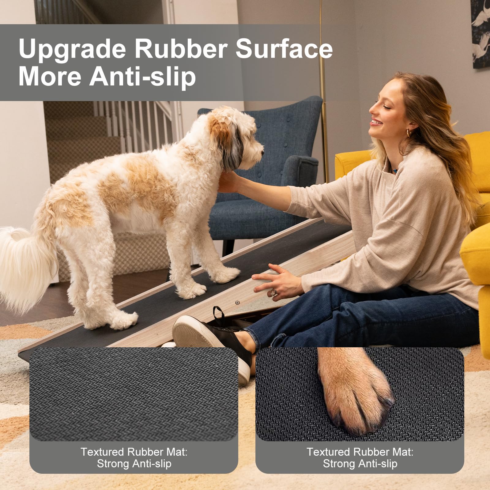 Folding Wooden Dog Ramp For Bed, Couch & Car,45In Long- 5 Level Adjustable Pet Ramp, Non-Slip Rubber Mat, 17.7'' Extra Wide - Su