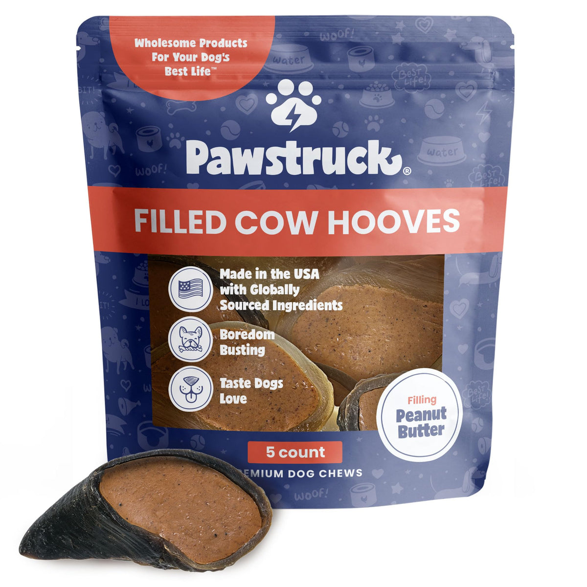 Pawstruck Peanut Butter Filled Cow Hooves For Dogs – Made In Usa, Long-Lasting Dental Treats And Chews – Beef Hoof – 5 Count – Packaging May Vary