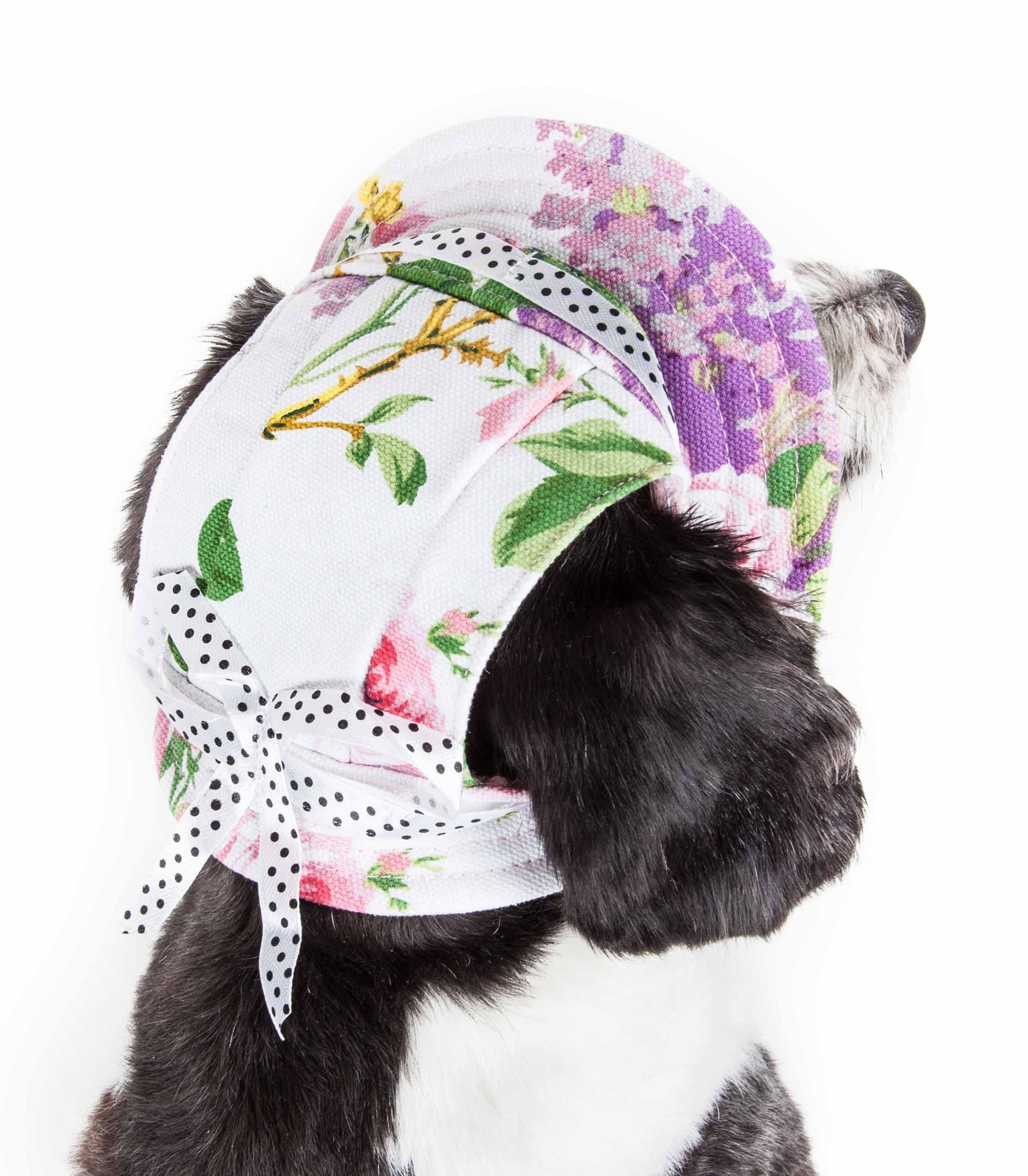 Pet Life ® Botanic Bark Floral Patterned Dog Hat With Uv Coverage Protection - Provides More Shade Than A Dog Banadana - Features Ear Holes And Adjustable Jaw-Strings - Great Worn With Dog Clothes