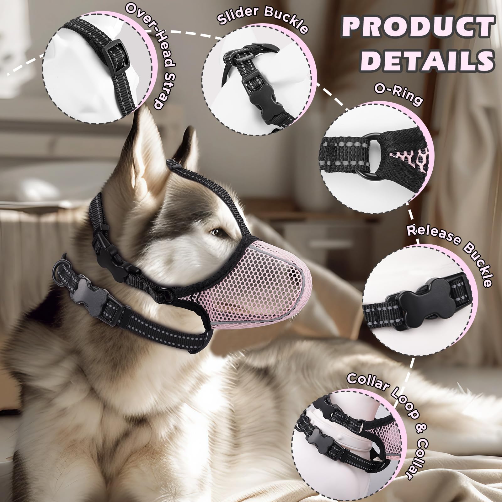 Dog Muzzle,Mesh Soft Muzzle For Small Medium Large Sized Dogs, Breathable Reflective Adjustable Puppy Muzzles With Collar For Sc