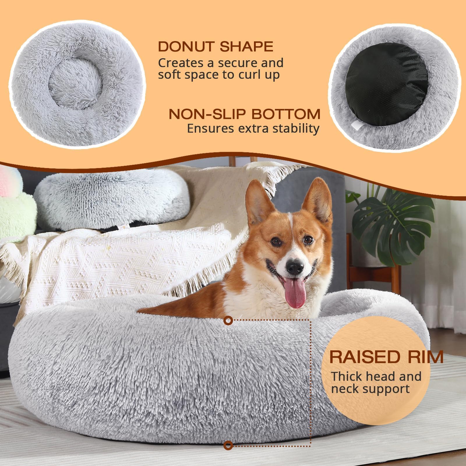 Jollyvogue Dog & Cat Bed, Calming Anti-Anxiety Pet Bed For Small Dogs, Fluffy Donut Cushion For Small And Medium Pets (24')