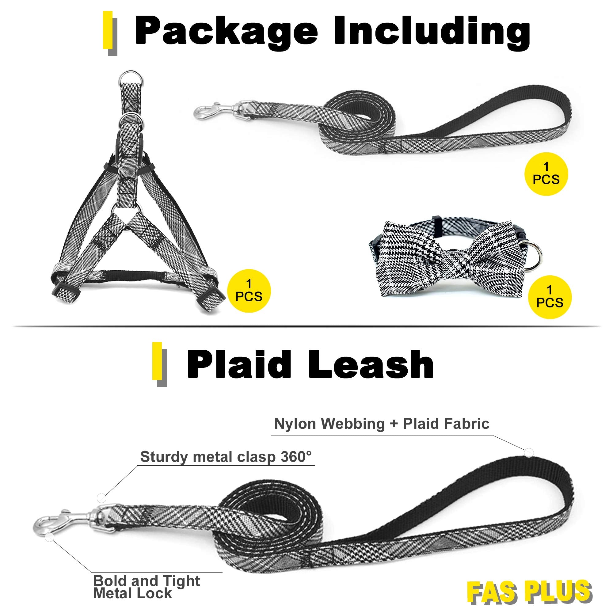 Fas Plus No Pull Dog Harness And Leash Set With Bow Tie Collar,Adjustable Vest Harness Back Clip Heavy Duty 4Ft Leash For Small, Medium, Large And Extra Large Dogs.(Grey/White-Xl)