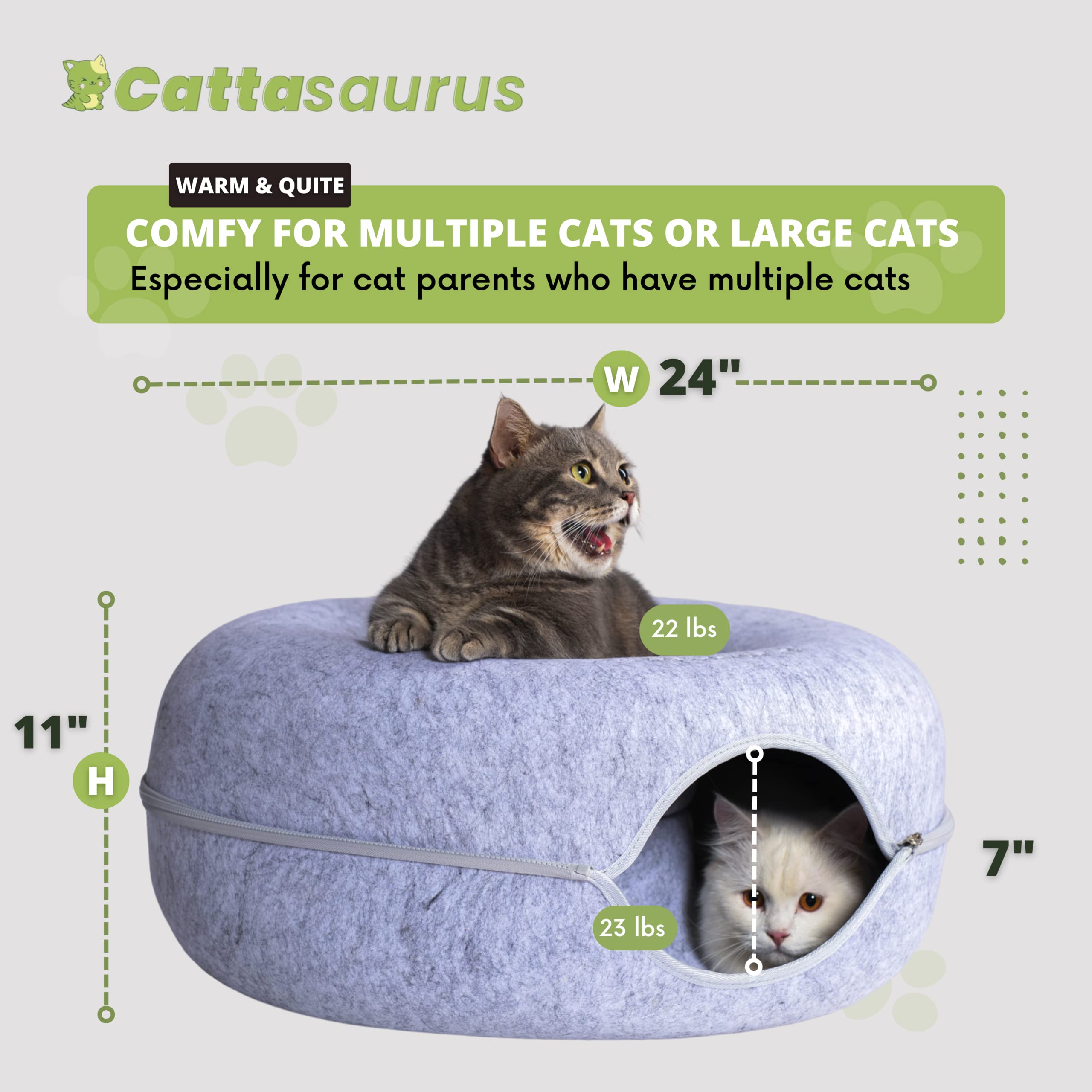 Cattasaurus Peekaboo Cat Cave For Multiple & Large Cats Up To 30-45 Lbs, Scratch Detachable & Washable Tunnel Bed, Comfy Donut Cat Cave (Light Gray, Large)