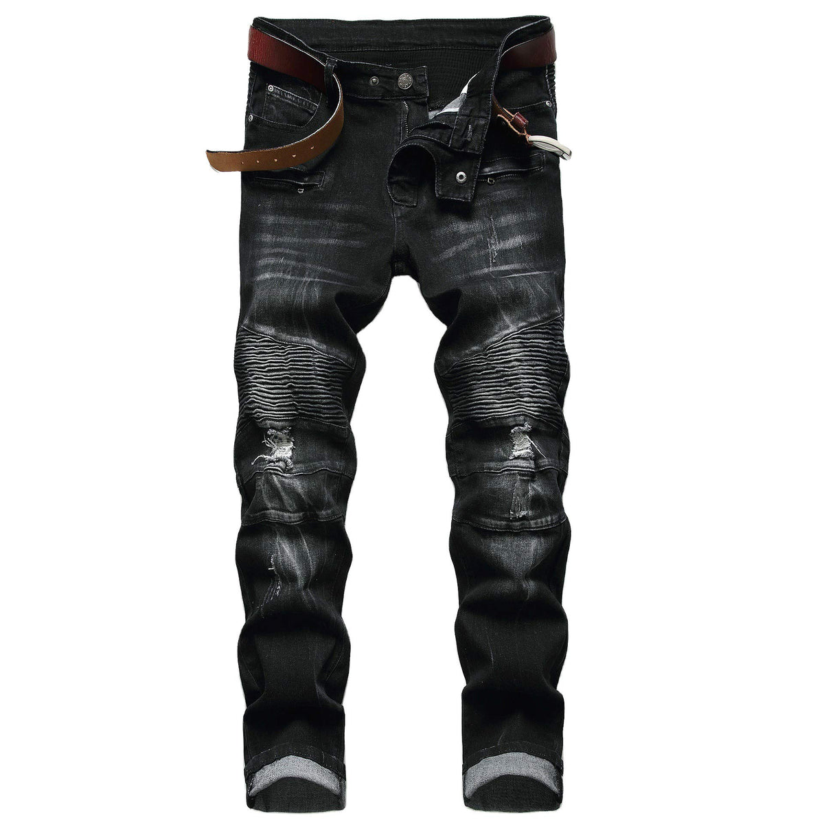 Aititia Mens Biker Zipper Deco Washed Straight Fit Jeans (28, Black)