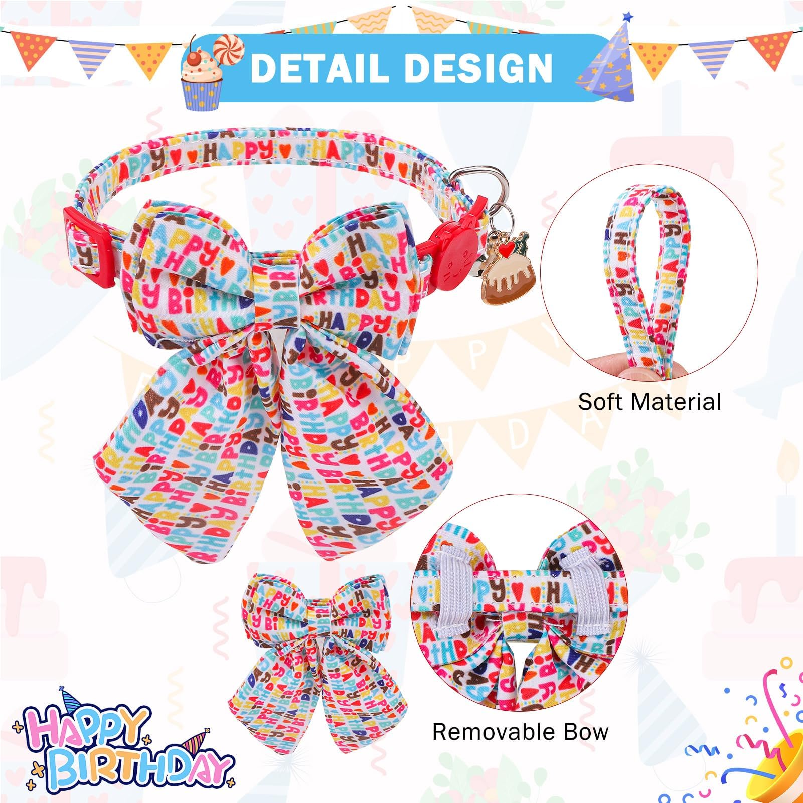 Scenereal Birthday Cat Collar With Bell & Stylish Bowtie, Breakaway Cat Collars Accessories For Boy Girl Small Cats, Holiday Kit