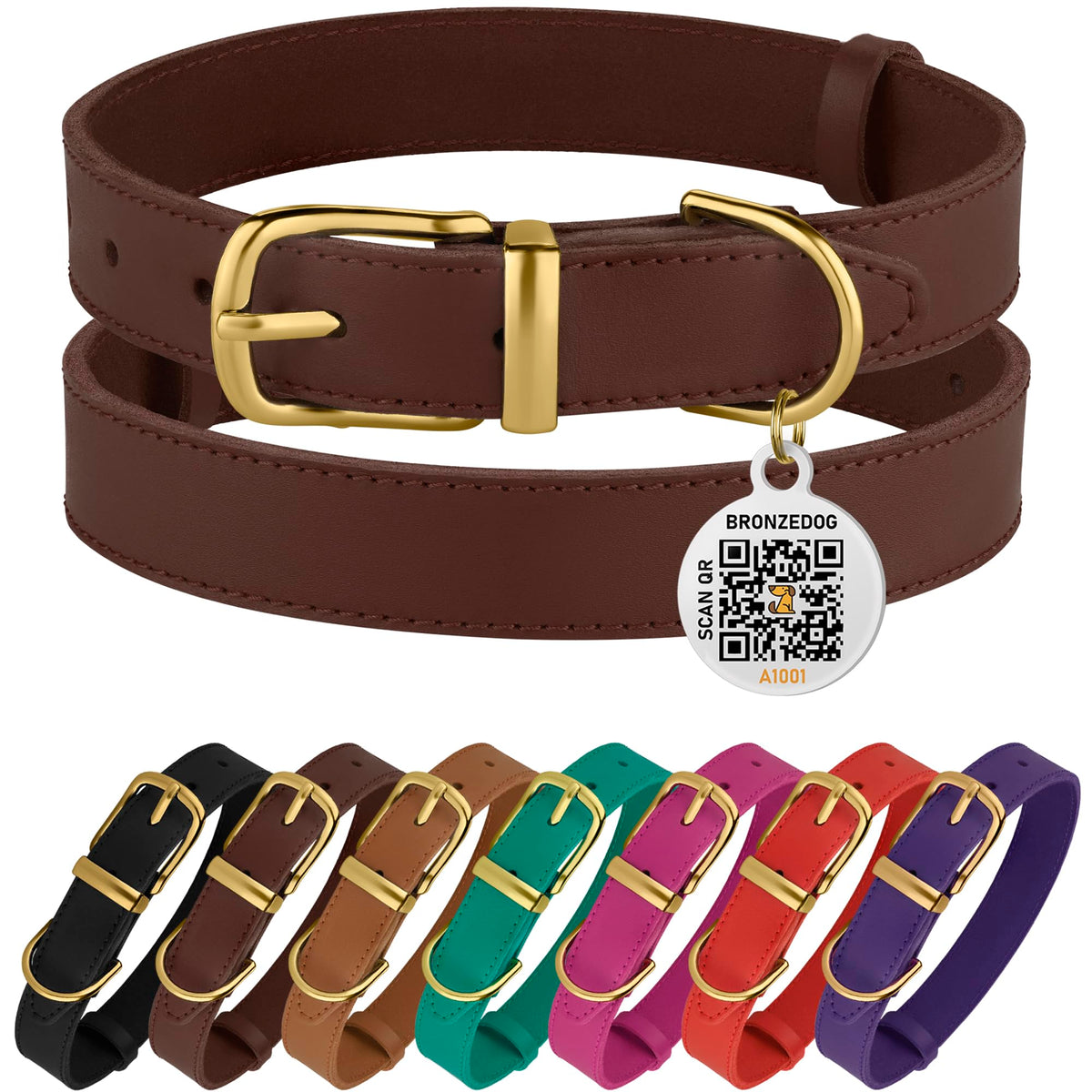 Bronzedog Leather Dog Collar With Metal Buckle Durable Basic Pet Collars For Small Medium Large Dogs (19-21 Inch (Pack Of 1), Dark Brown & Gold Buckle)