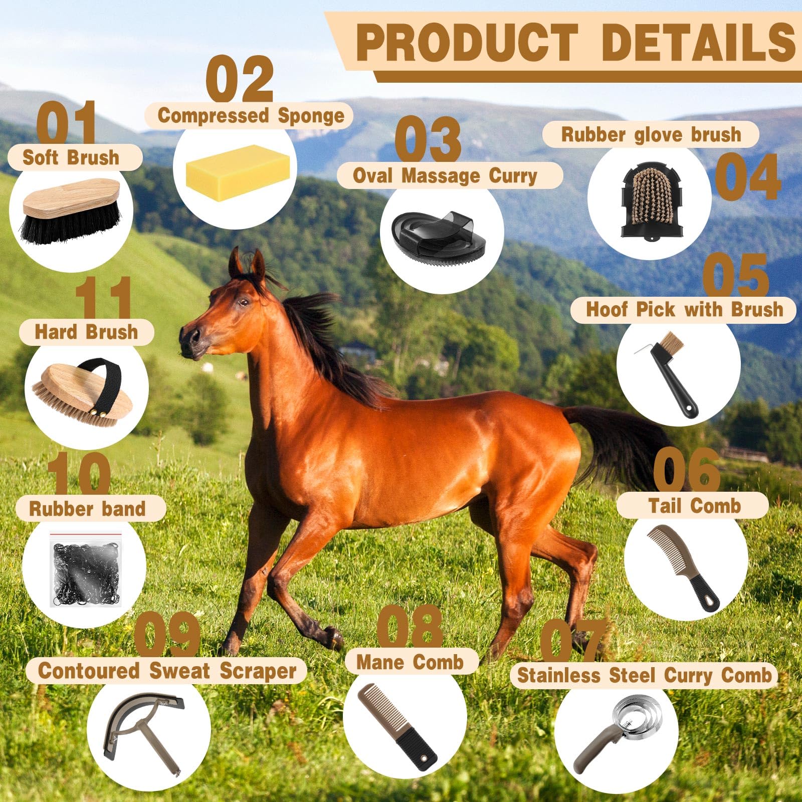 Abbylike 12 Pieces Horse Grooming Kit with Organizer Tote Bag Tack Room Supplies Horse Brush Sets Equine Care Cleaning Kit Shedd
