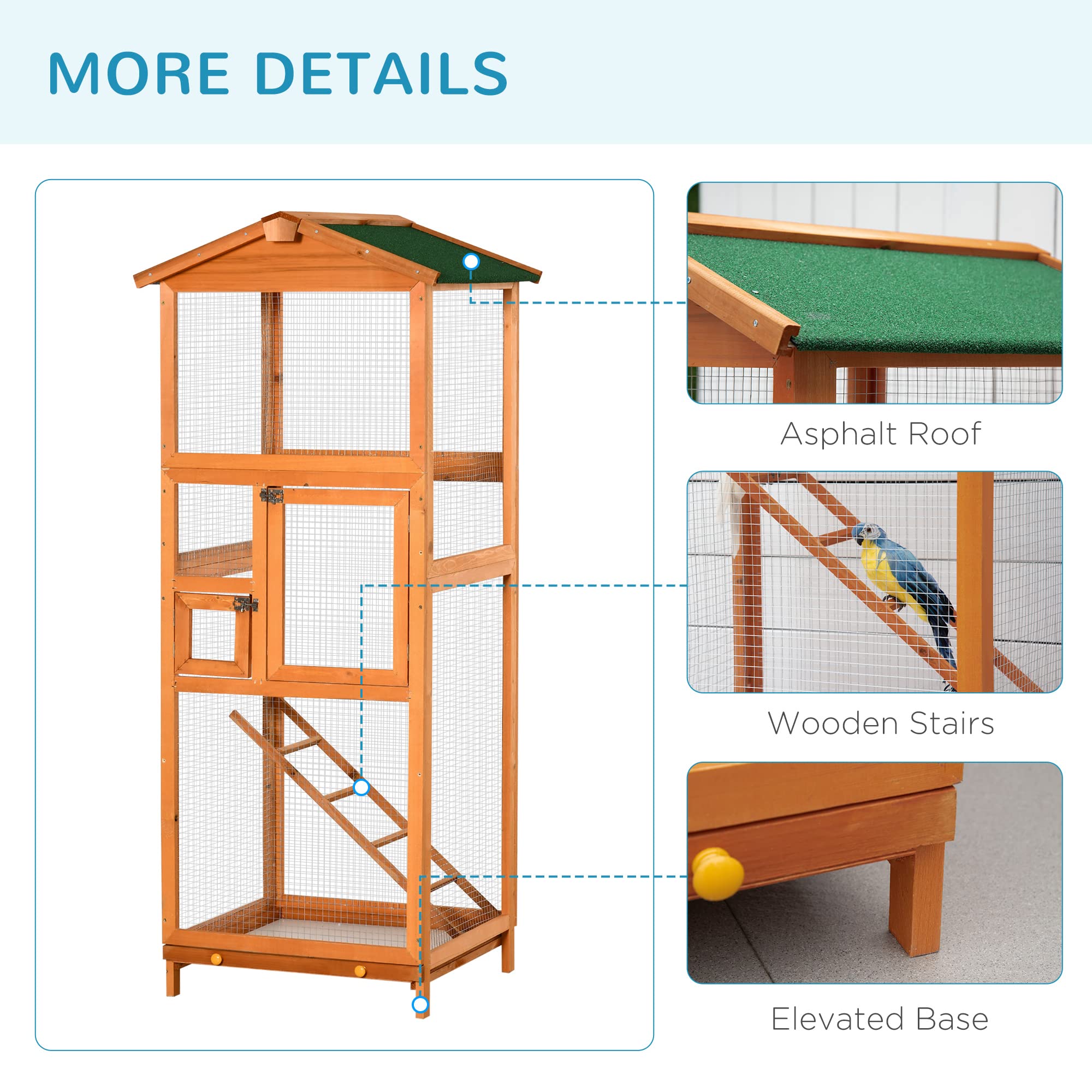 Pawhut 65'' Wooden Bird Cage Outdoor Aviary House For Parrot, Parakeet, With Pull Out Tray And 2 Doors, Natural
