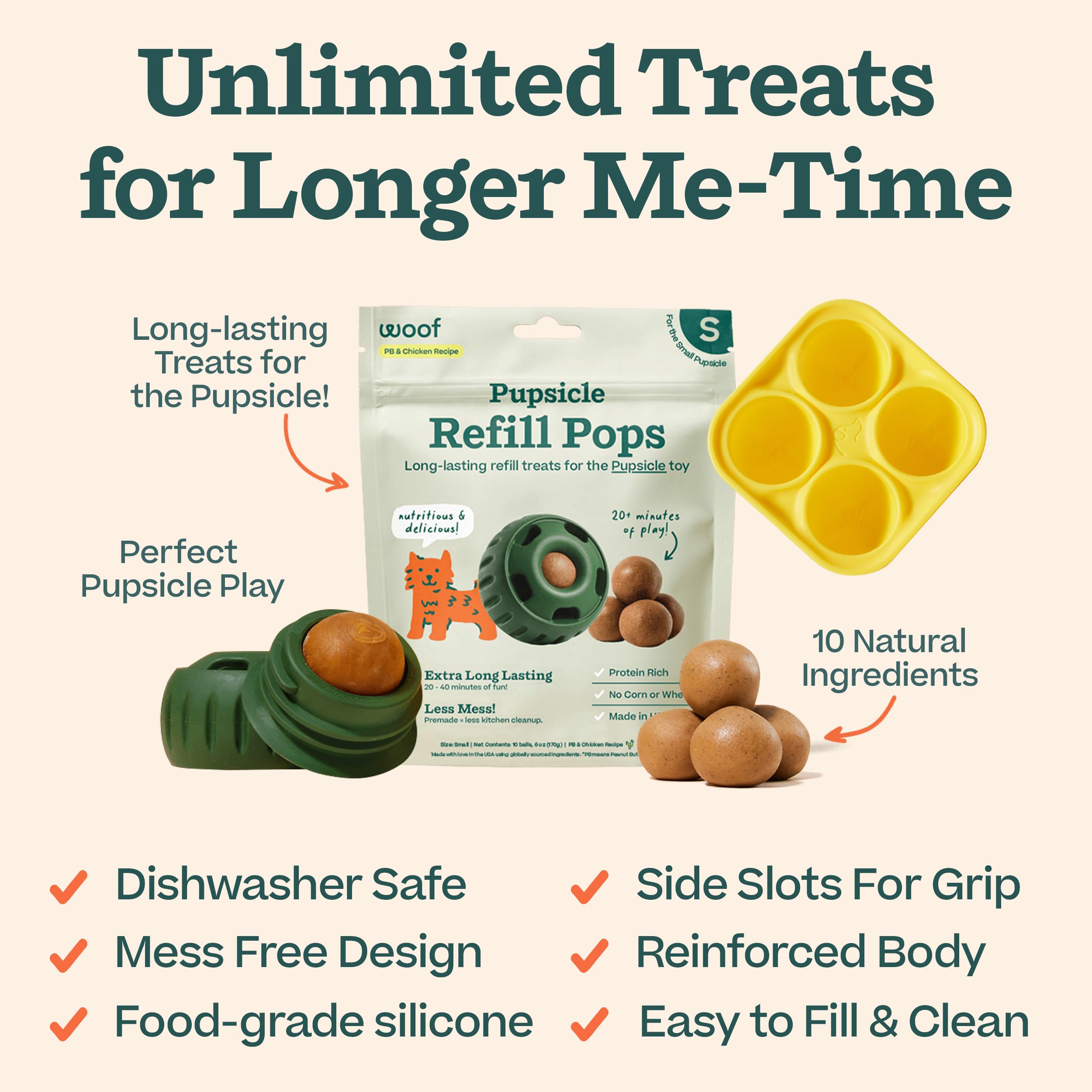 WOOF Starter Pack - Interactive Dog Toys for Boredom - Dog Treat Molds Silicone - Chicken-Flavored Healthy Dog Treats - Pupsicle