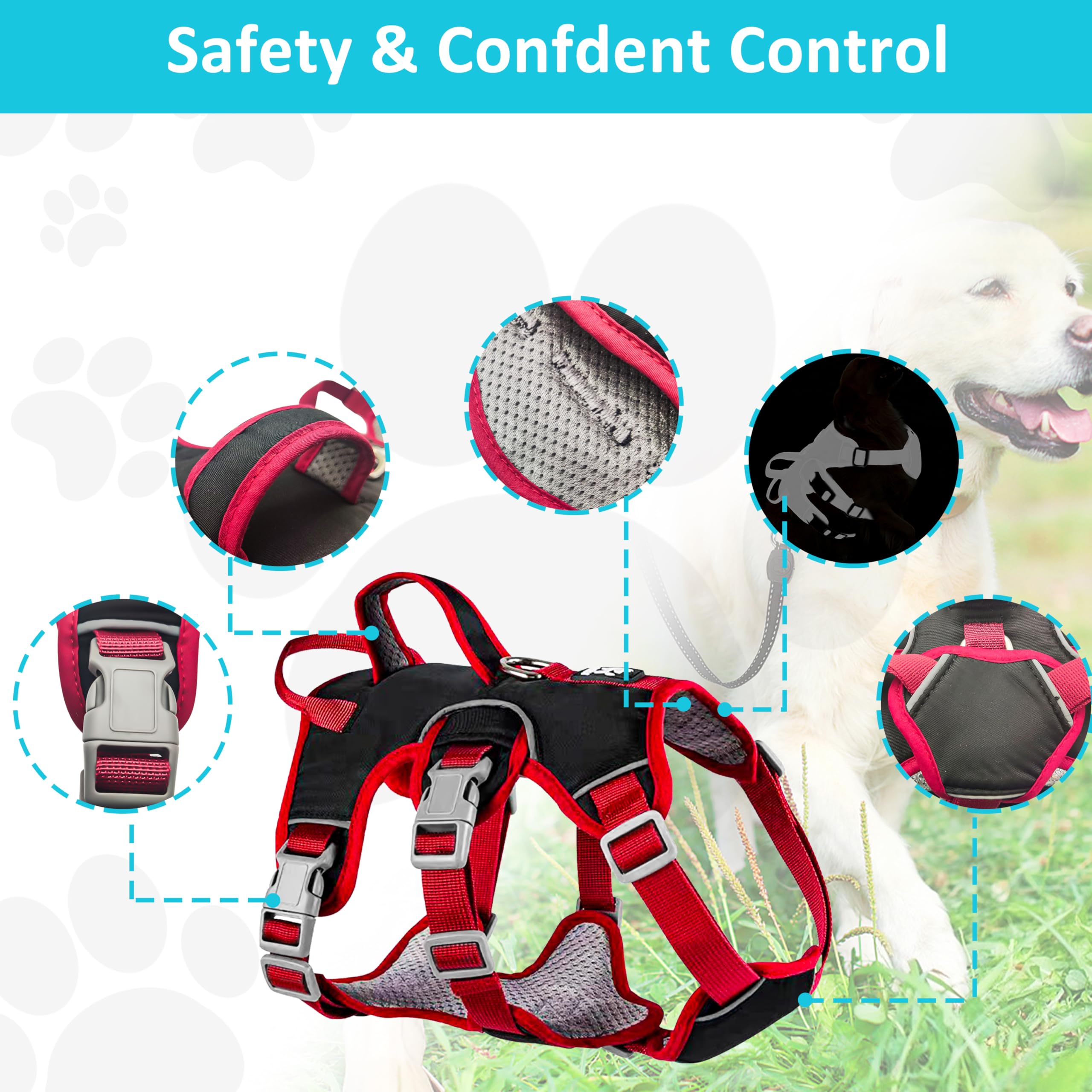 Escape Proof Dog Harness, No Pull Reflective Adjustable Vest With Easy Control Lift Handle, No Choke Soft Padded Breathable Full